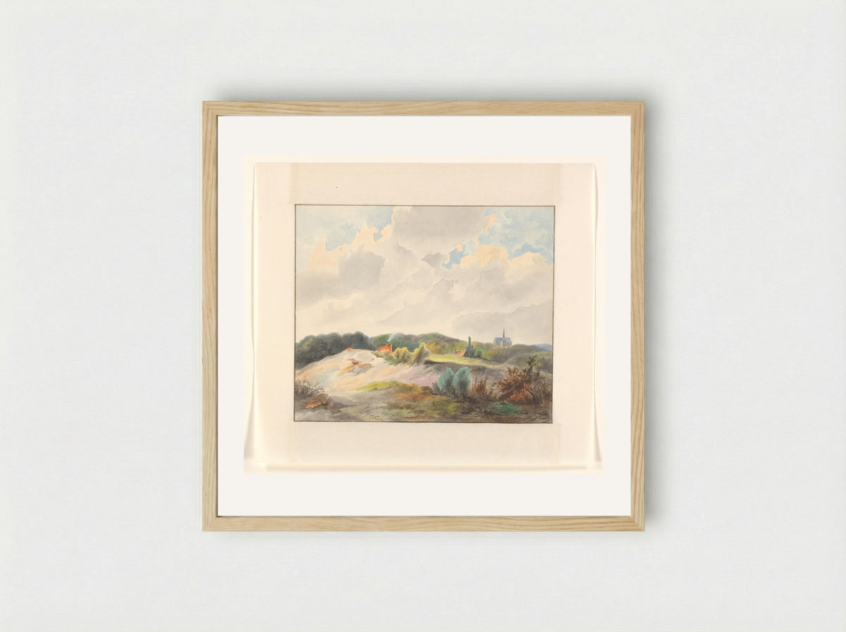 Duinlandschap met huizen en een kerk - Johannes van Reijn - Framed Print Wood