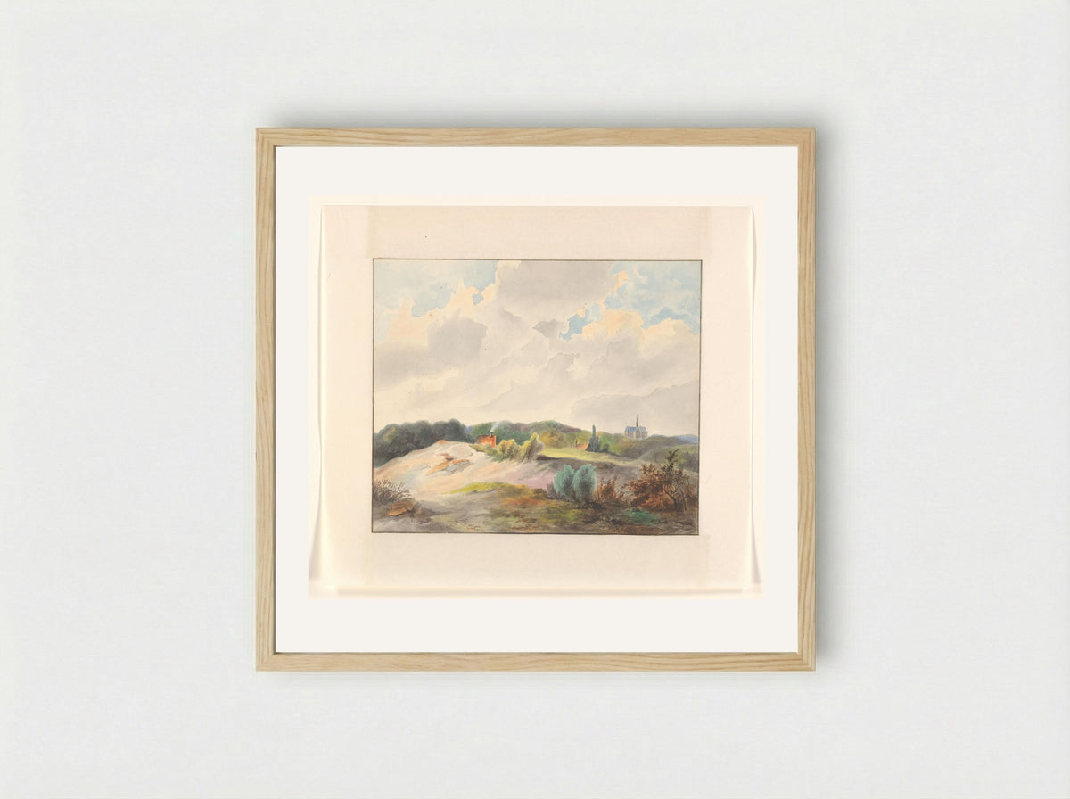 Duinlandschap met huizen en een kerk - Johannes van Reijn - Framed Print Wood