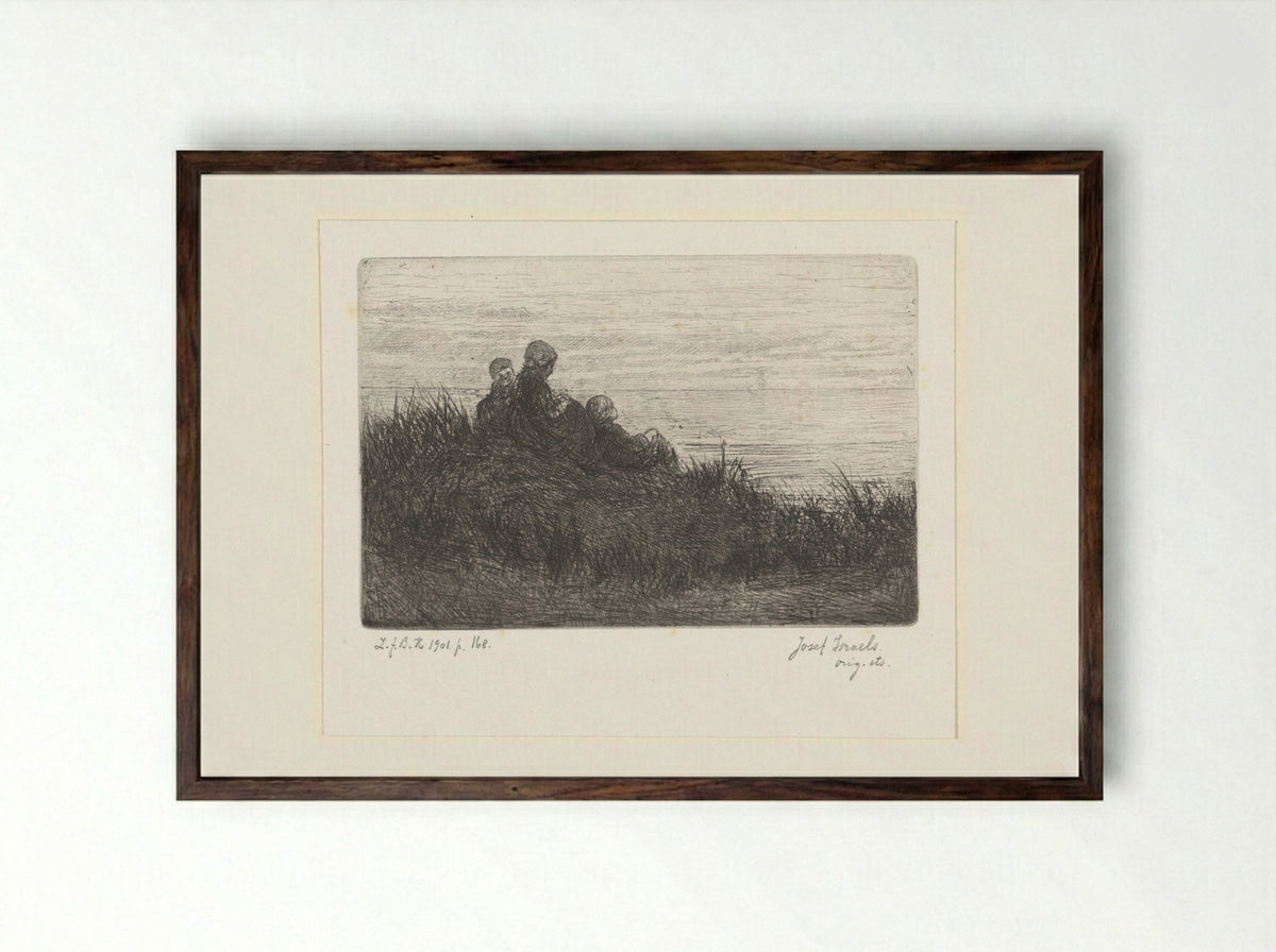 Duinlandschap met moeder en kinderen - Jozef Israëls - Framed Print Dark Wood