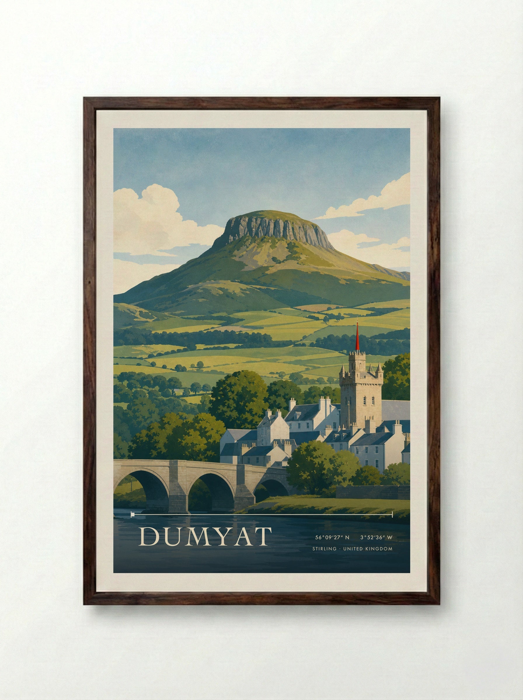 Dumyat Stirling United Kingdom Travel Poster - Framed Print Dark Wood