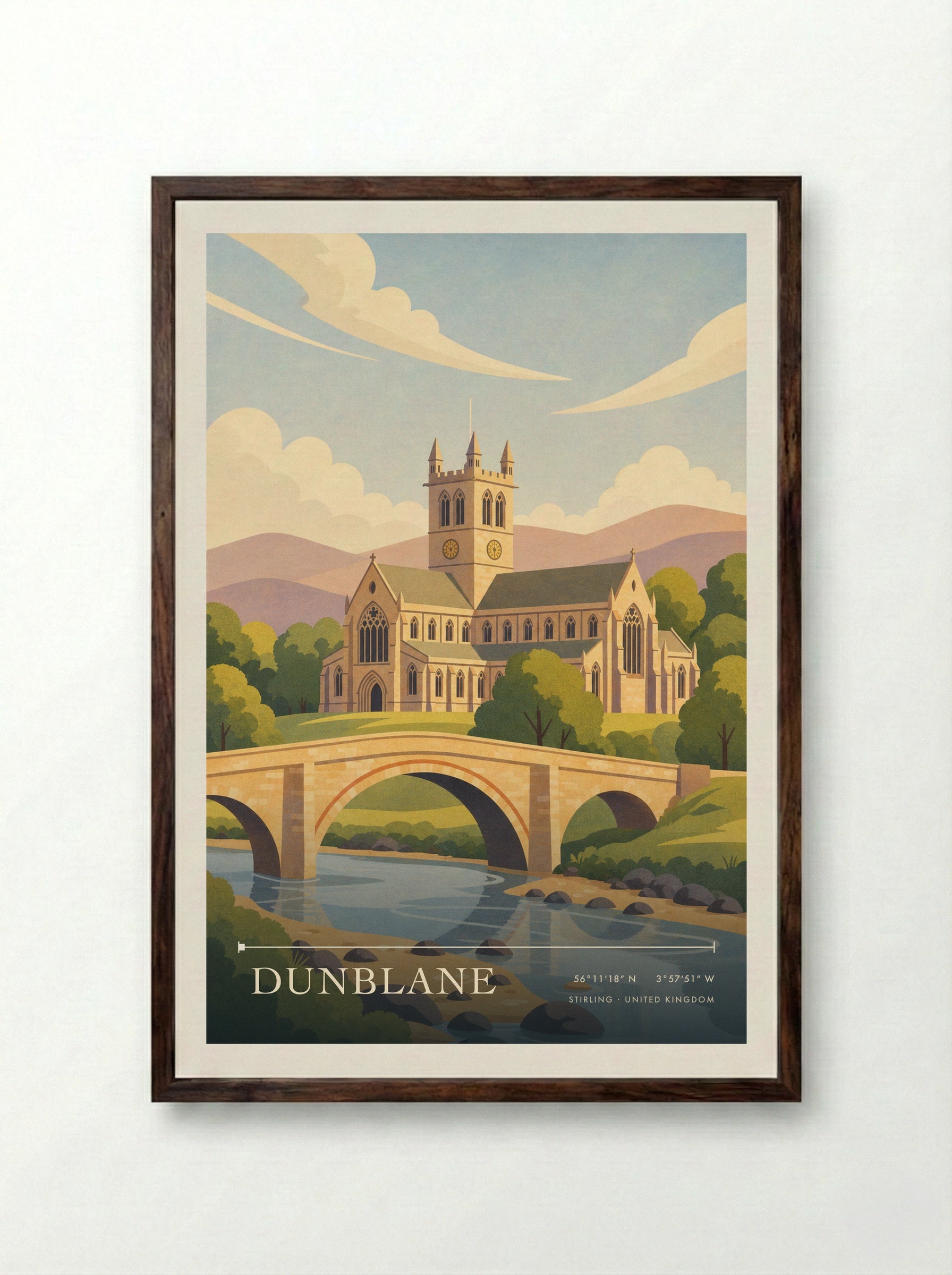 Dunblane Stirling United Kingdom Travel Poster - Framed Print Dark Wood