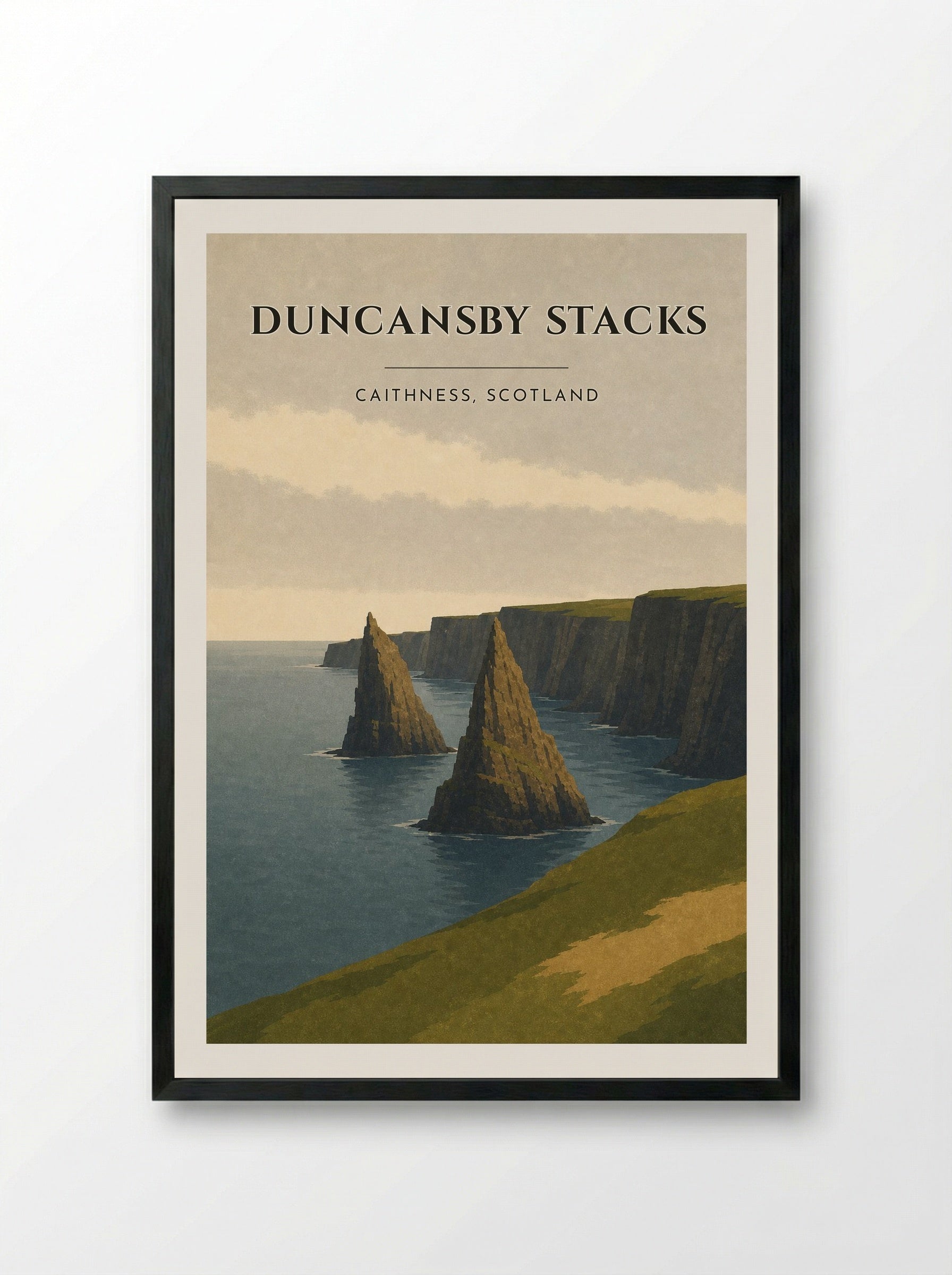Duncansby Stacks Travel Poster Artwork - Framed Print Black