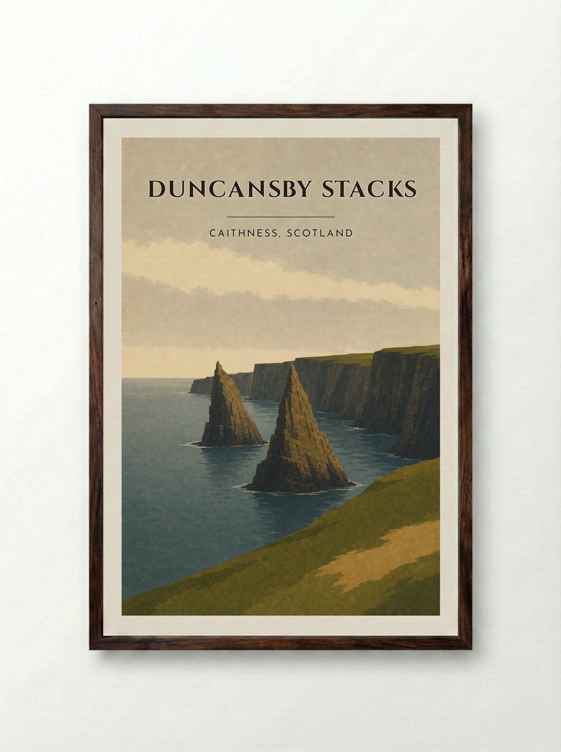 Duncansby Stacks Travel Poster Artwork - Framed Print Dark Wood