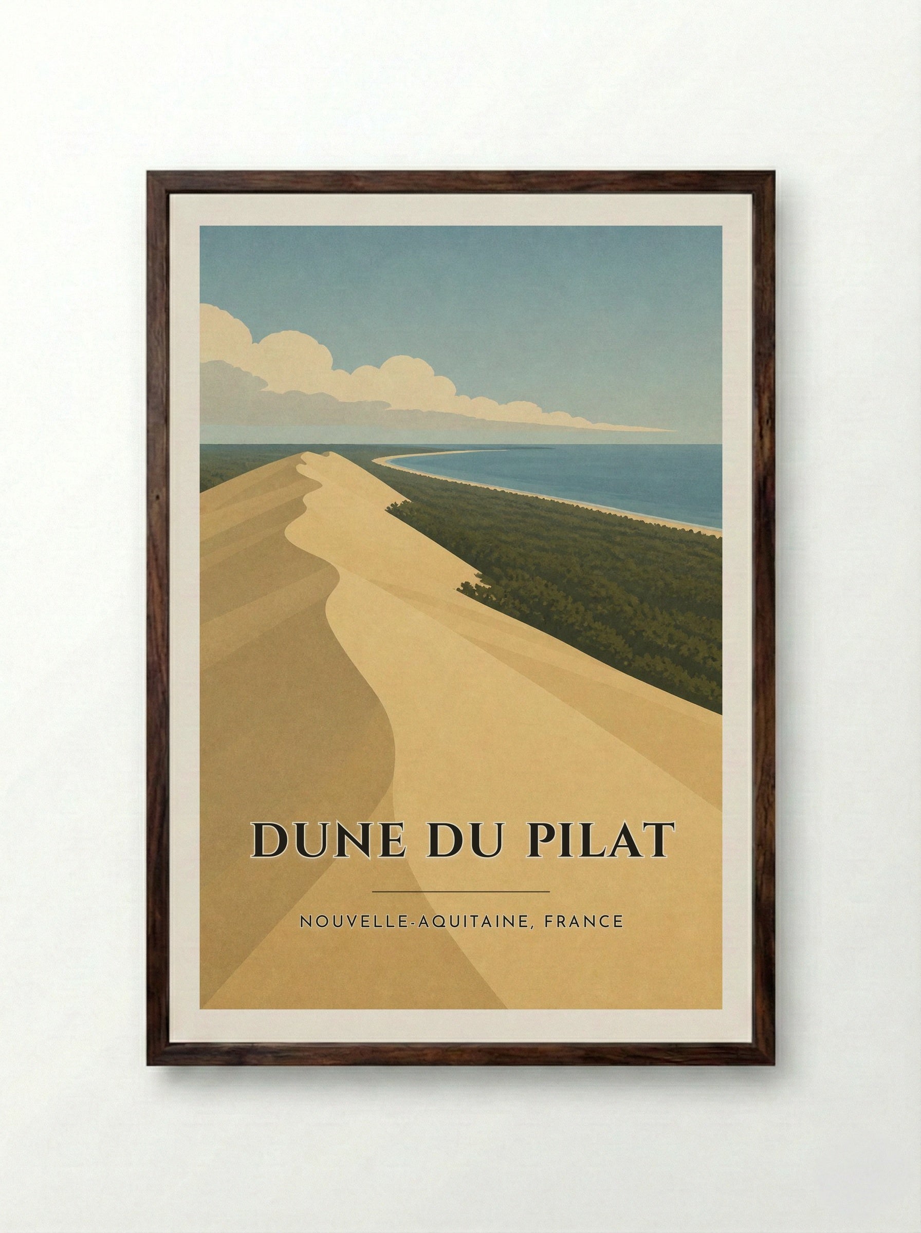 Dune du Pilat Travel Poster Artwork - Framed Print Dark Wood