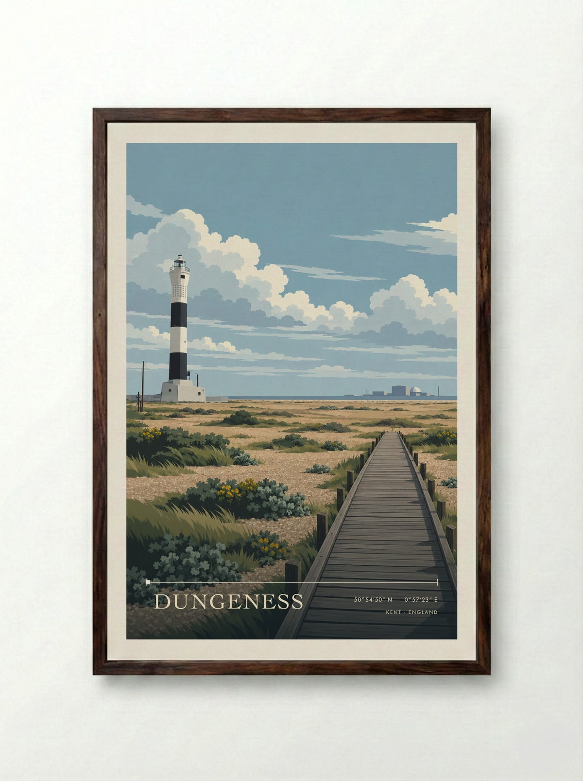 Dungeness, Kent | Travel Poster - Framed Print Dark Wood
