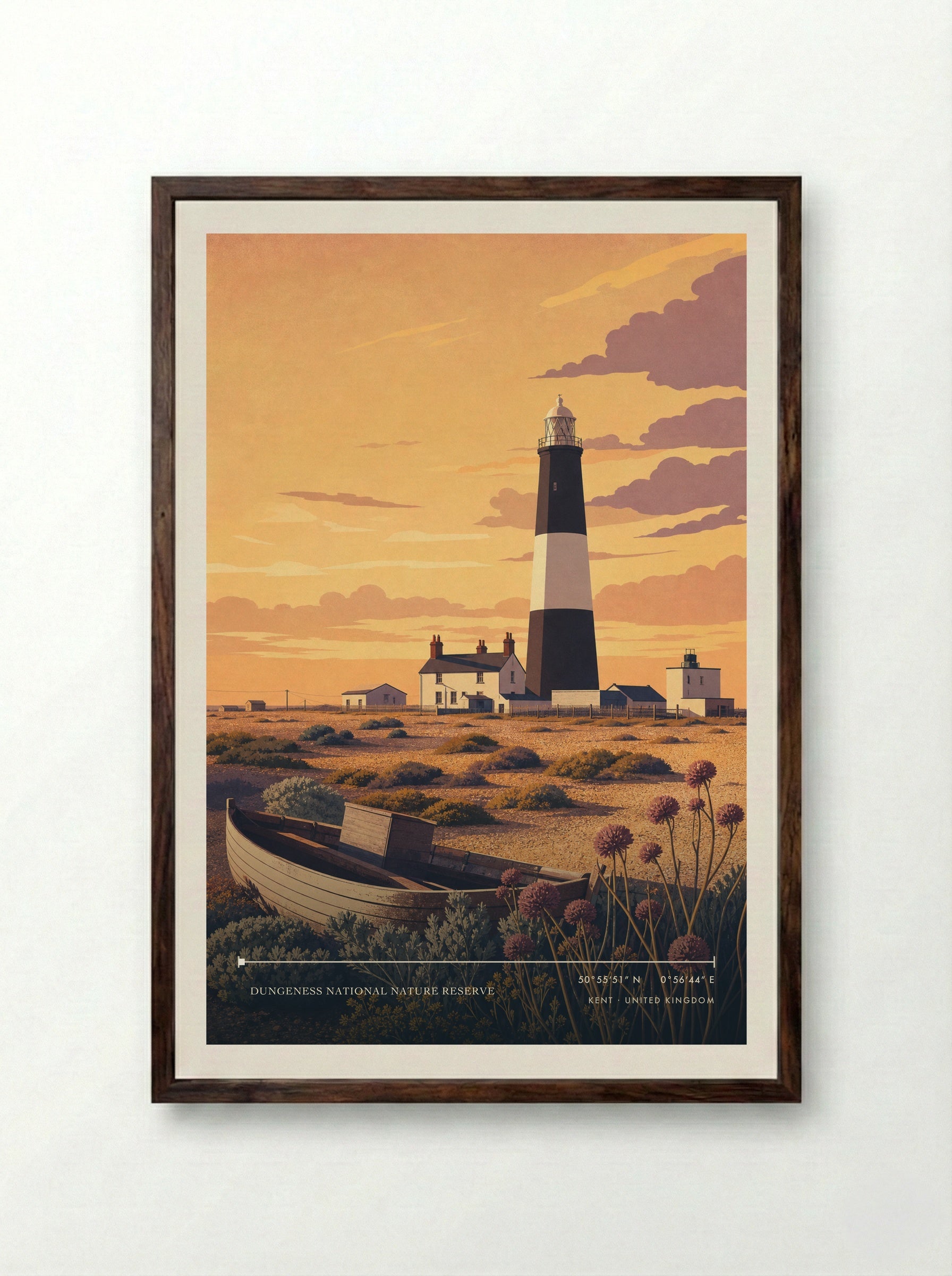 Dungeness National Nature Reserve Kent United Kingdom Travel Poster - Framed Print Dark Wood