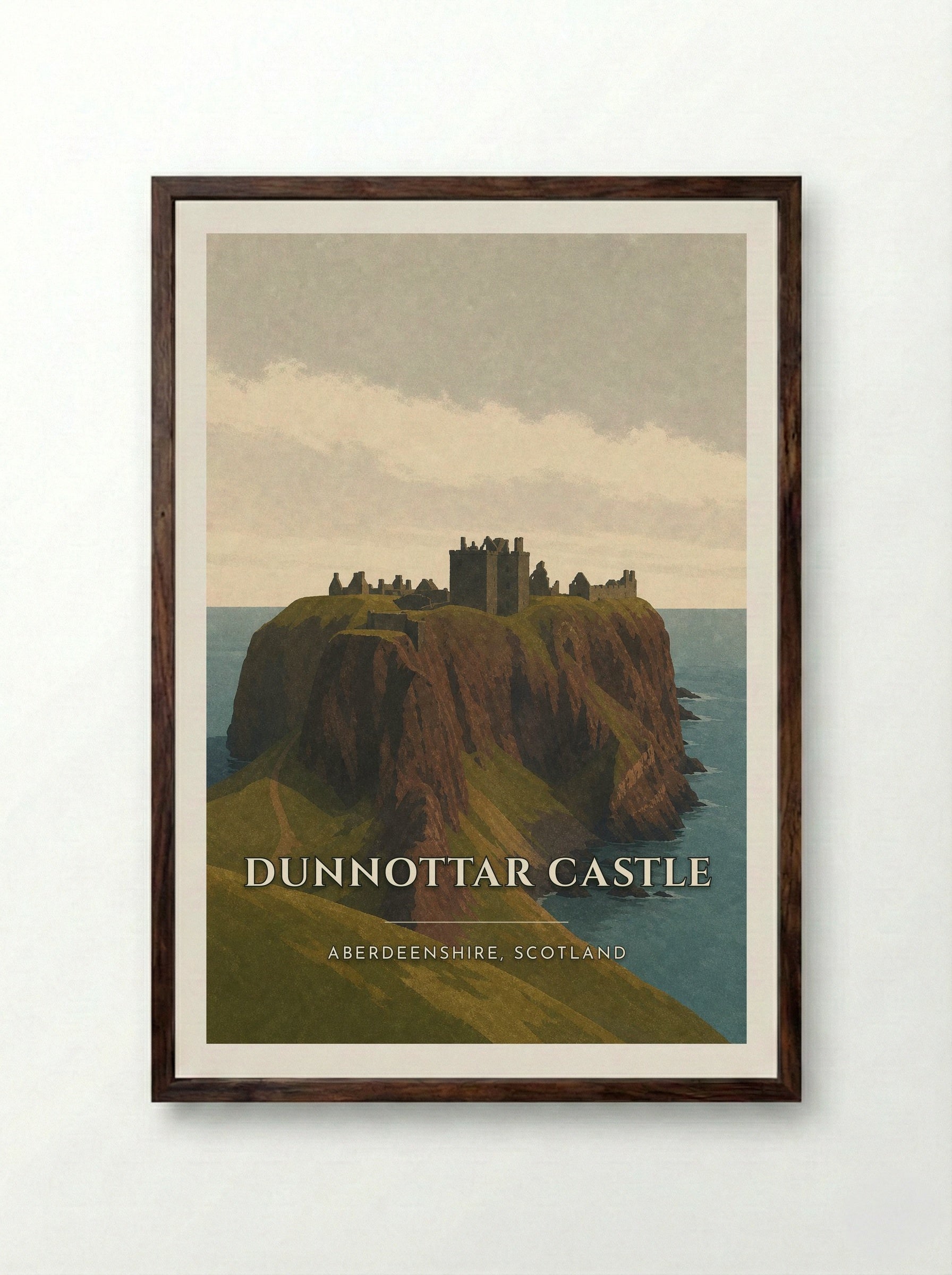 Dunnottar Castle Travel Poster Artwork - Framed Print Dark Wood