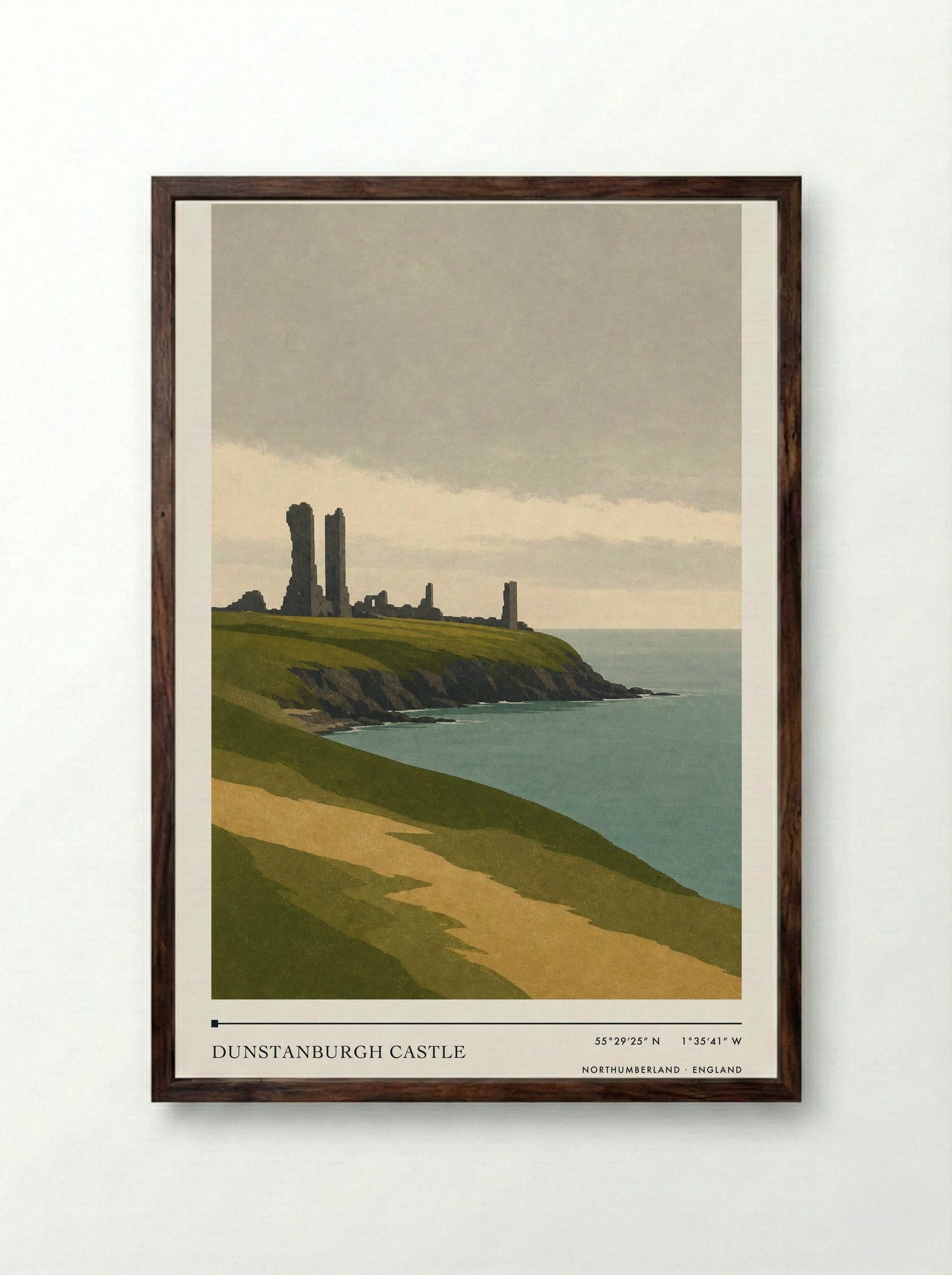 Dunstanburgh Castle Travel Poster Artwork - Framed Print Dark Wood