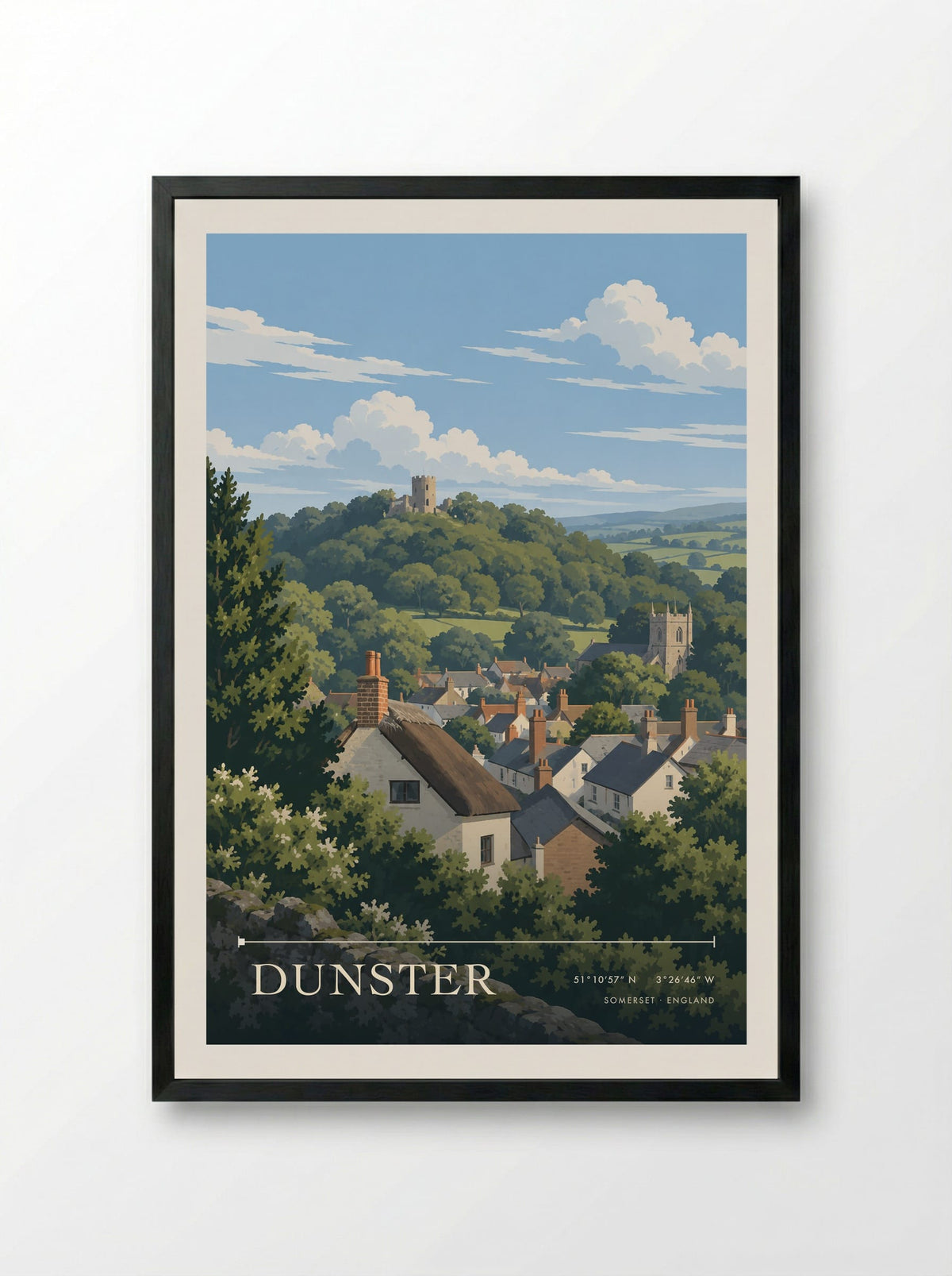 Dunster, Somerset | Travel Poster - Framed Print Black