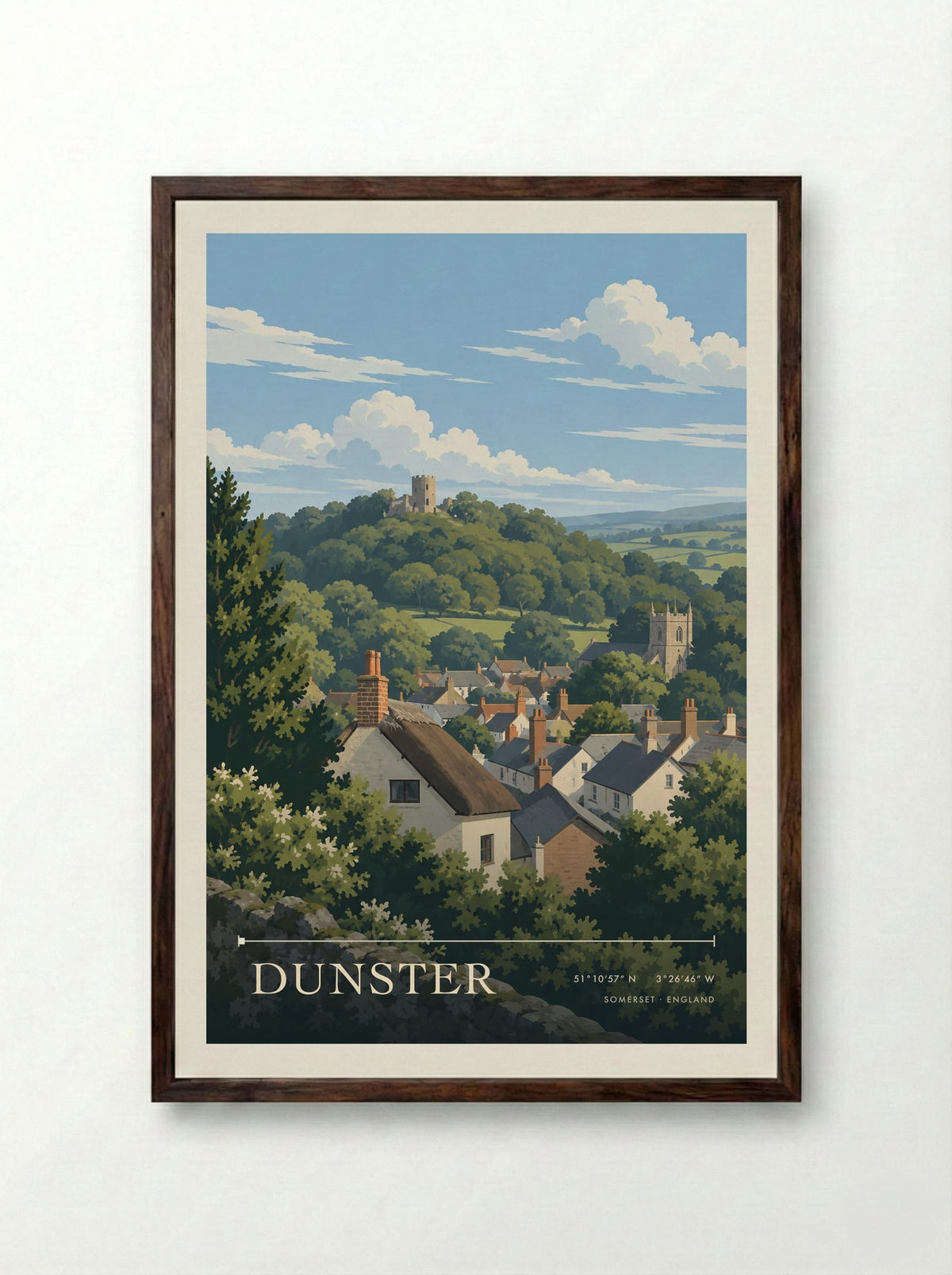 Dunster, Somerset | Travel Poster - Framed Print Dark Wood