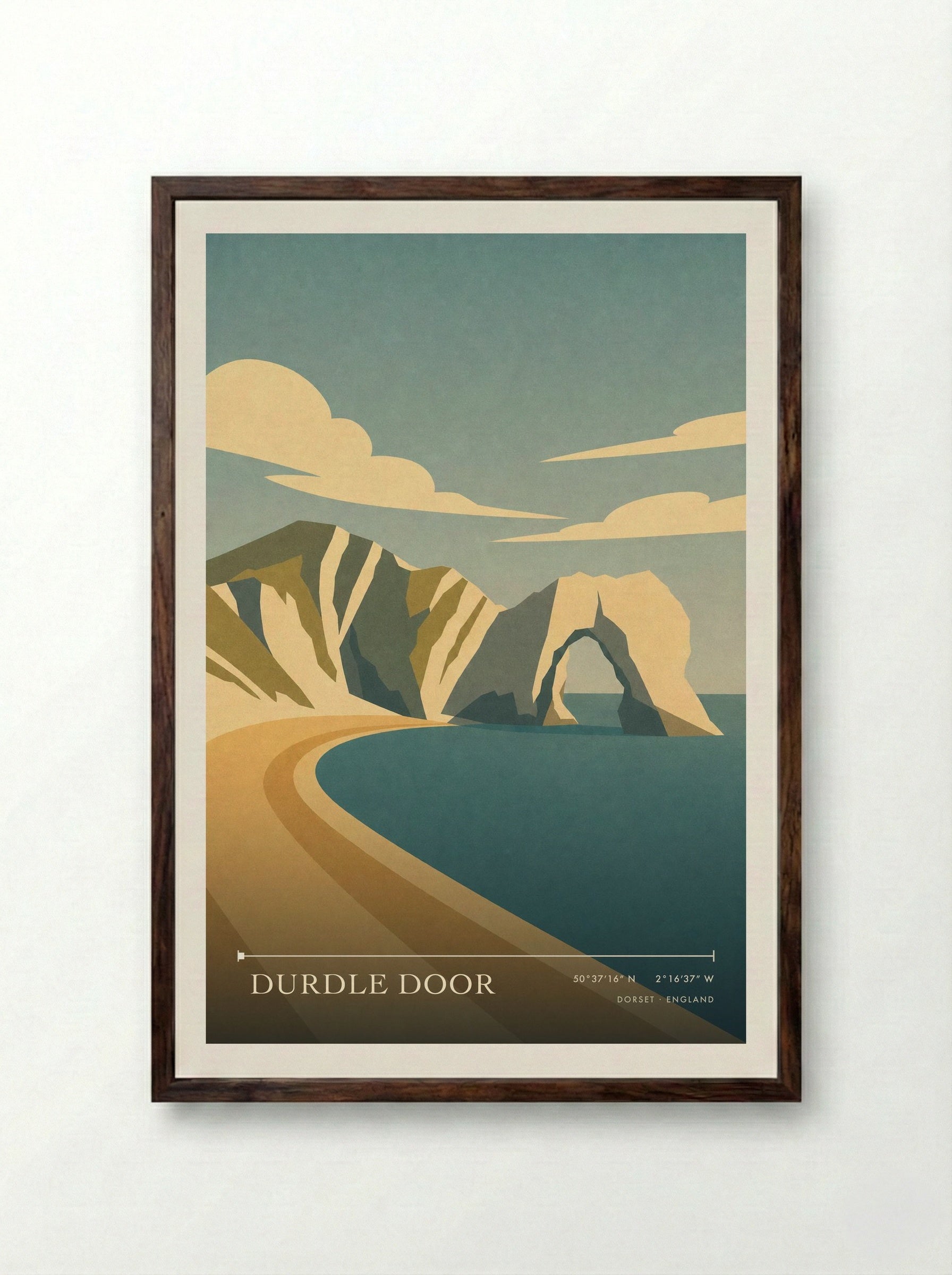 Durdle Door Dorset Travel Poster - Framed Print Dark Wood