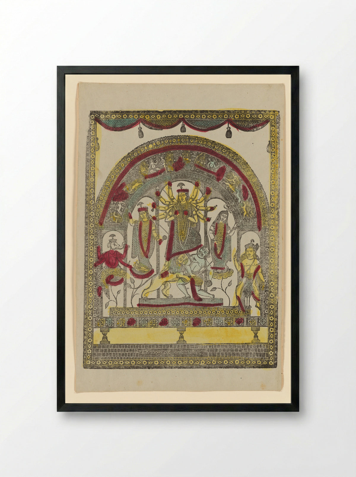Durga slaying the demon Mahisha (Mahishasuramardini) - Krishna Chandra - Framed Print Black