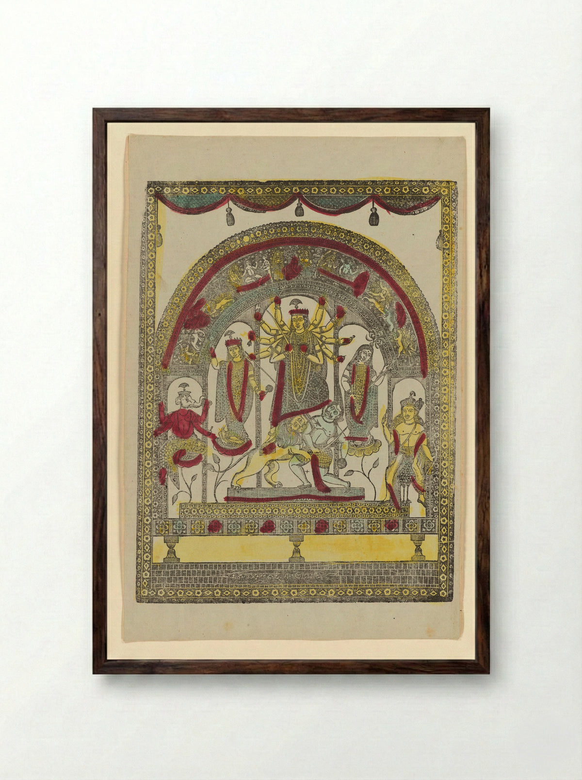 Durga slaying the demon Mahisha (Mahishasuramardini) - Krishna Chandra - Framed Print Dark Wood