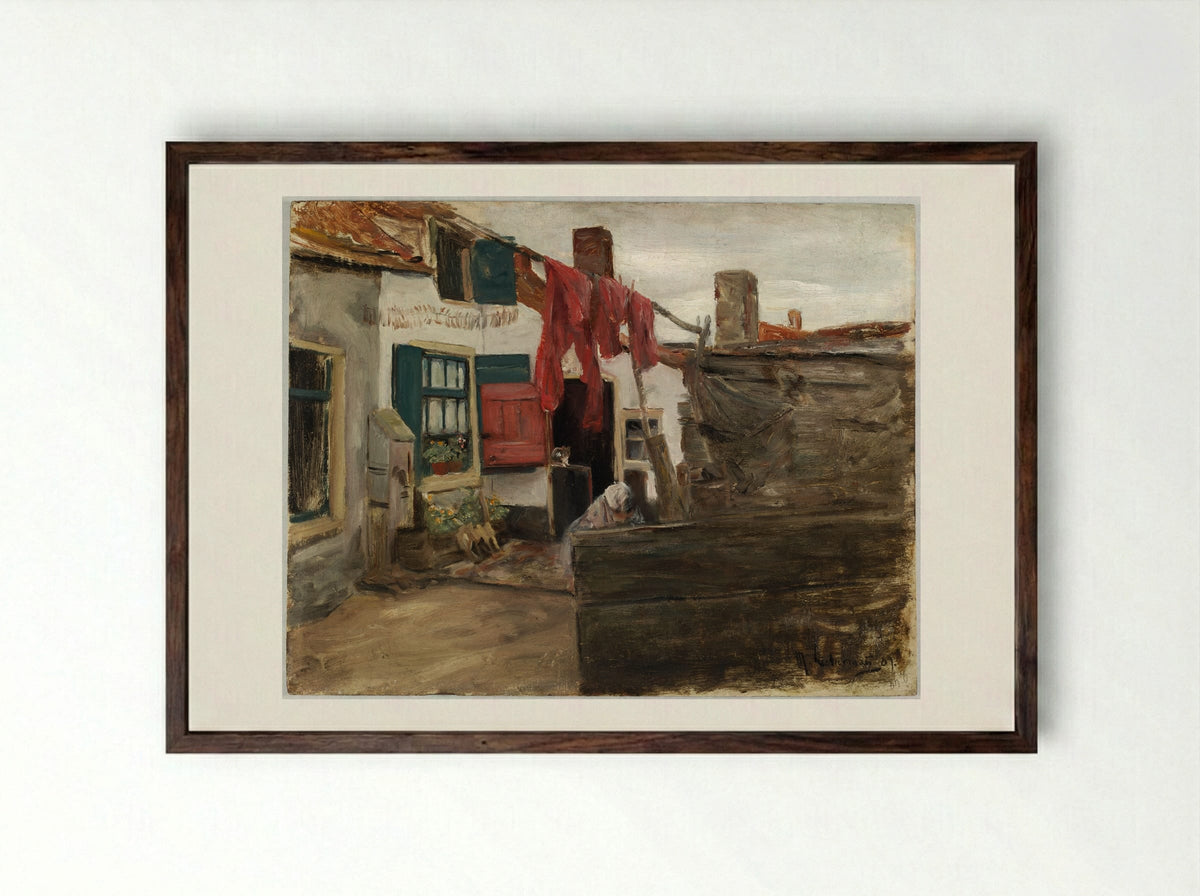 Dutch Village Scene with Hanging Laundry - Max Liebermann - Framed Print Dark Wood