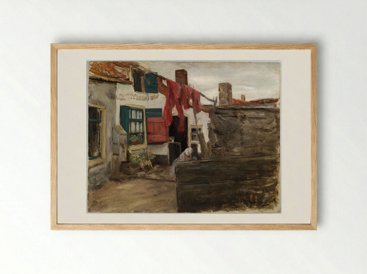 Dutch Village Scene with Hanging Laundry - Max Liebermann - Framed Print Wood