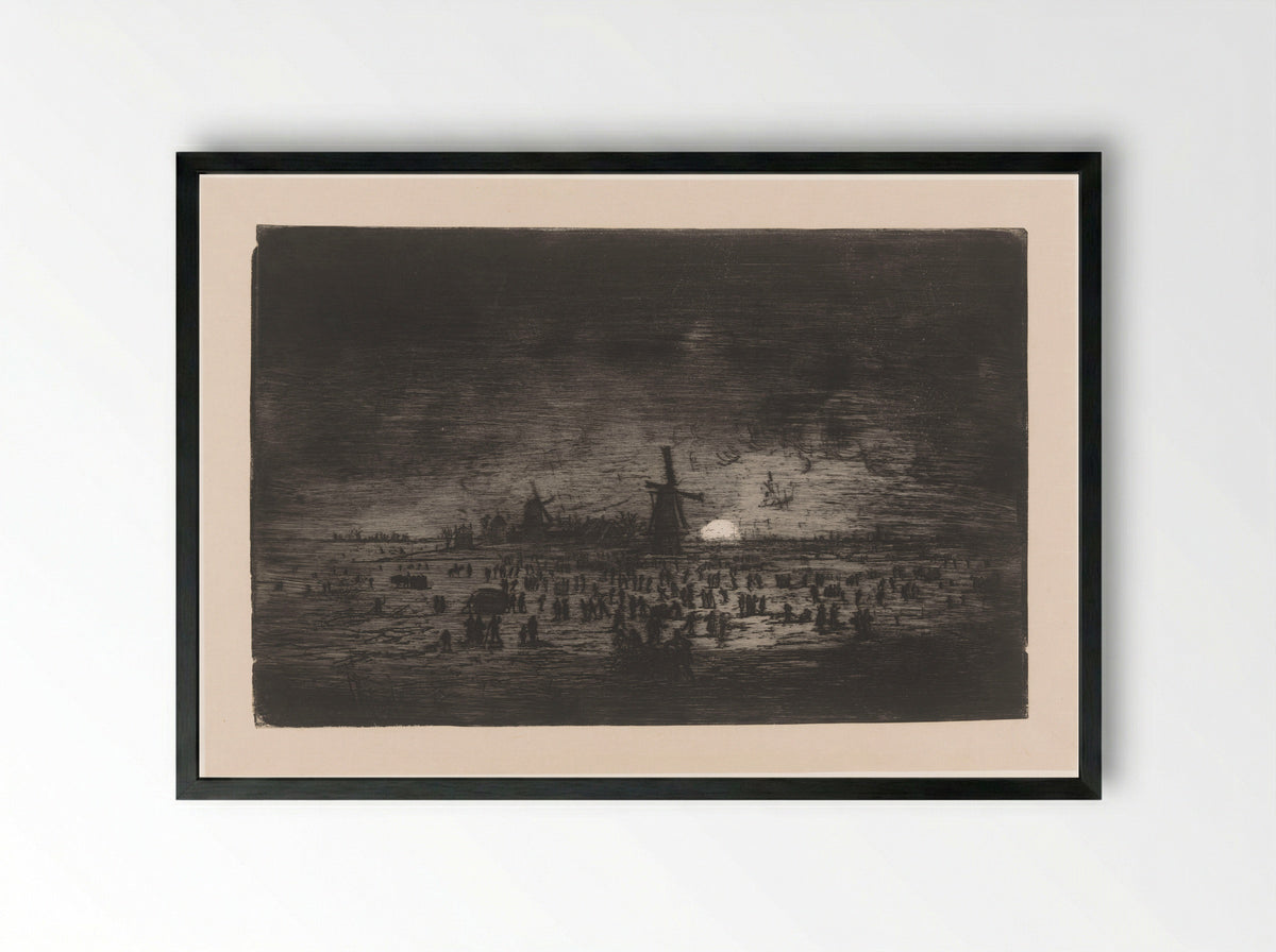 Dutch Winter Landscape with Windmills and Skaters - Ludovic Napoléon Lepic - Framed Print Black