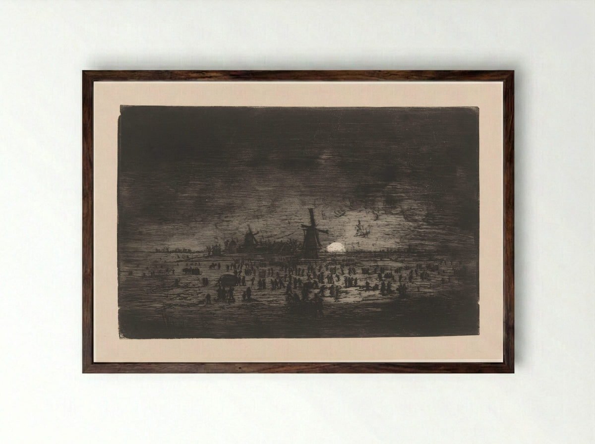 Dutch Winter Landscape with Windmills and Skaters - Ludovic Napoléon Lepic - Framed Print Dark Wood