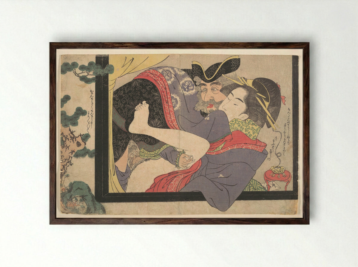 Dutchman and Maruyama Courtesan - Chōkyōsai Eiri - Framed Print Dark Wood
