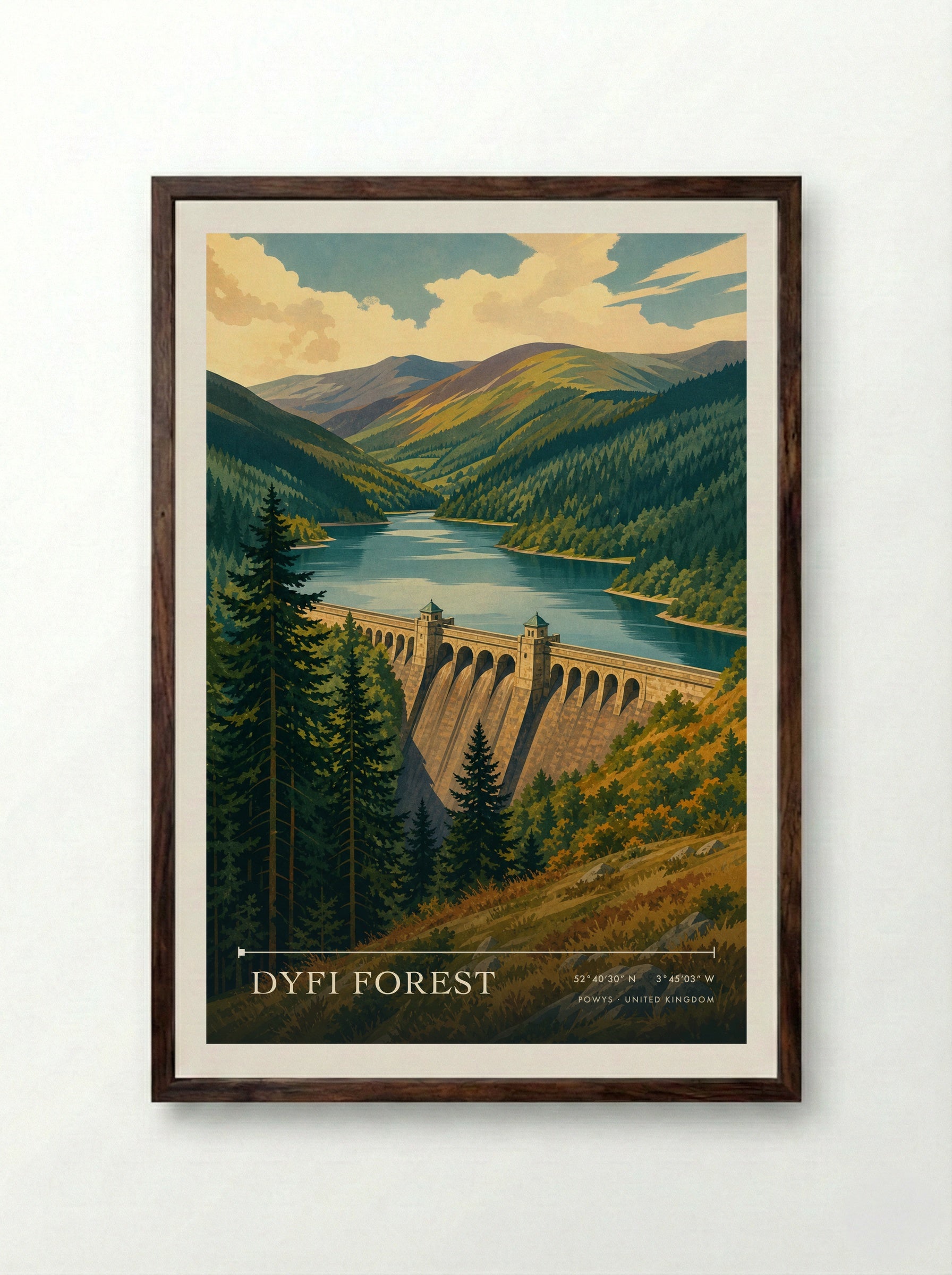 Dyfi Forest Powys United Kingdom Travel Poster - Framed Print Dark Wood