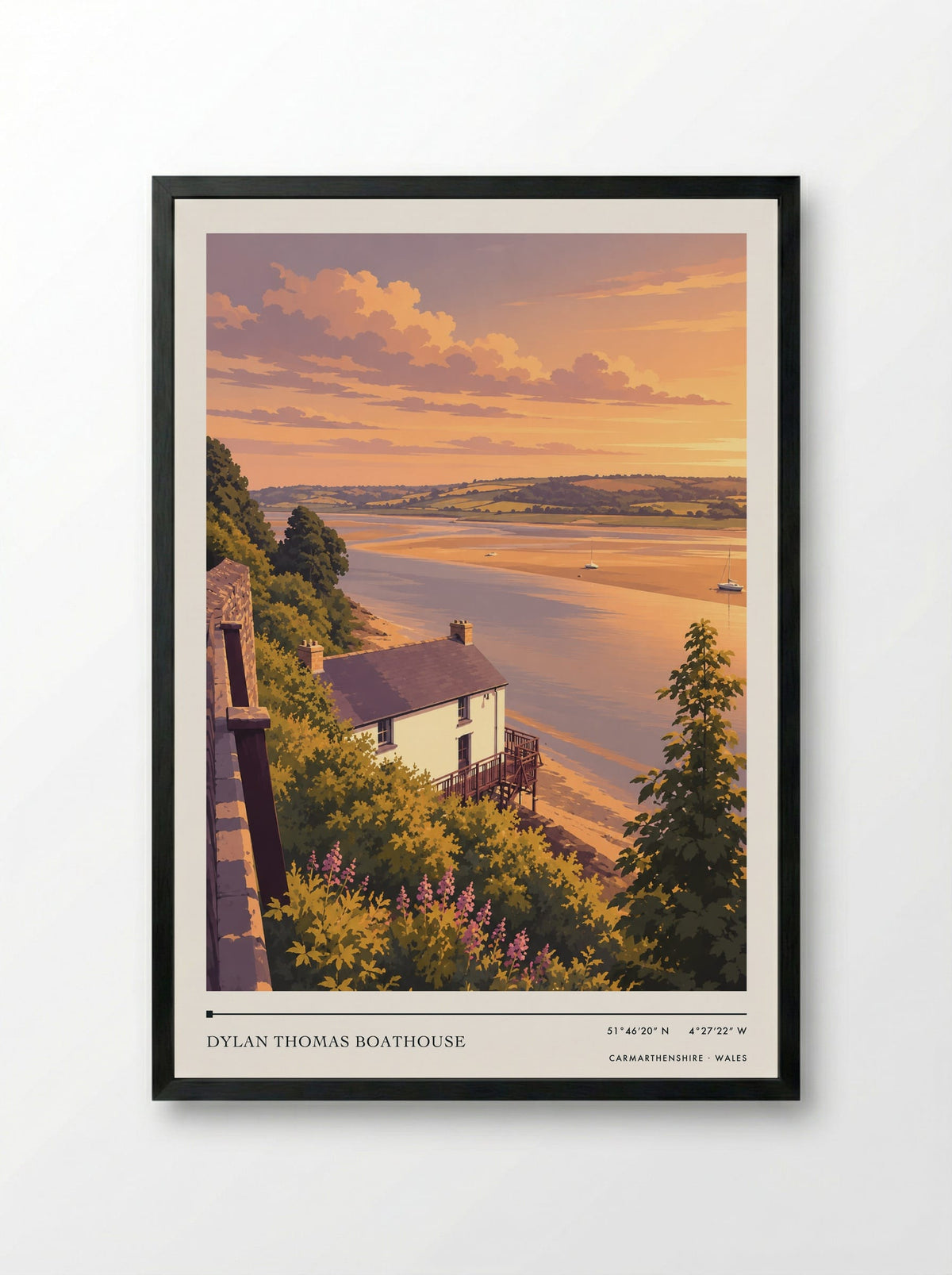 Dylan Thomas Boathouse, Carmarthenshire | Travel Poster - Framed Print Black