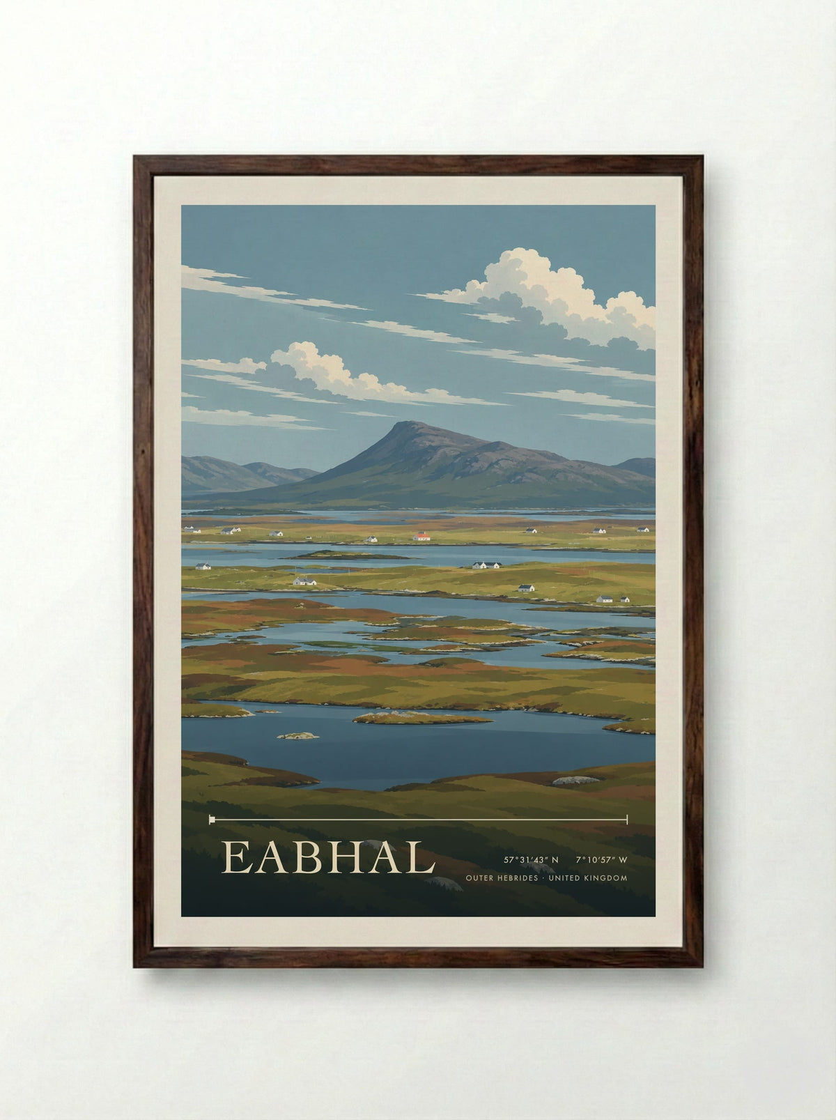 Eabhal, Outer Hebrides | Travel Poster - Framed Print Dark Wood