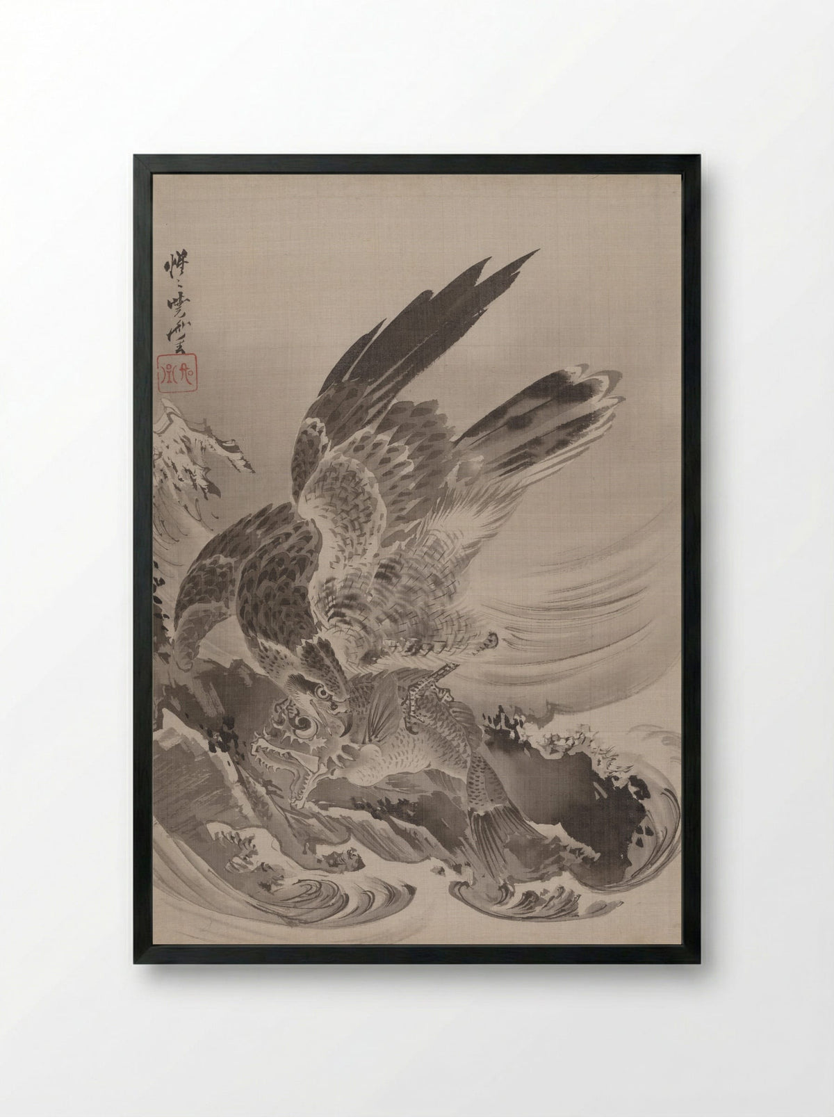 Eagle Attacking Fish - Kawanabe Kyōsai - Framed Print Black