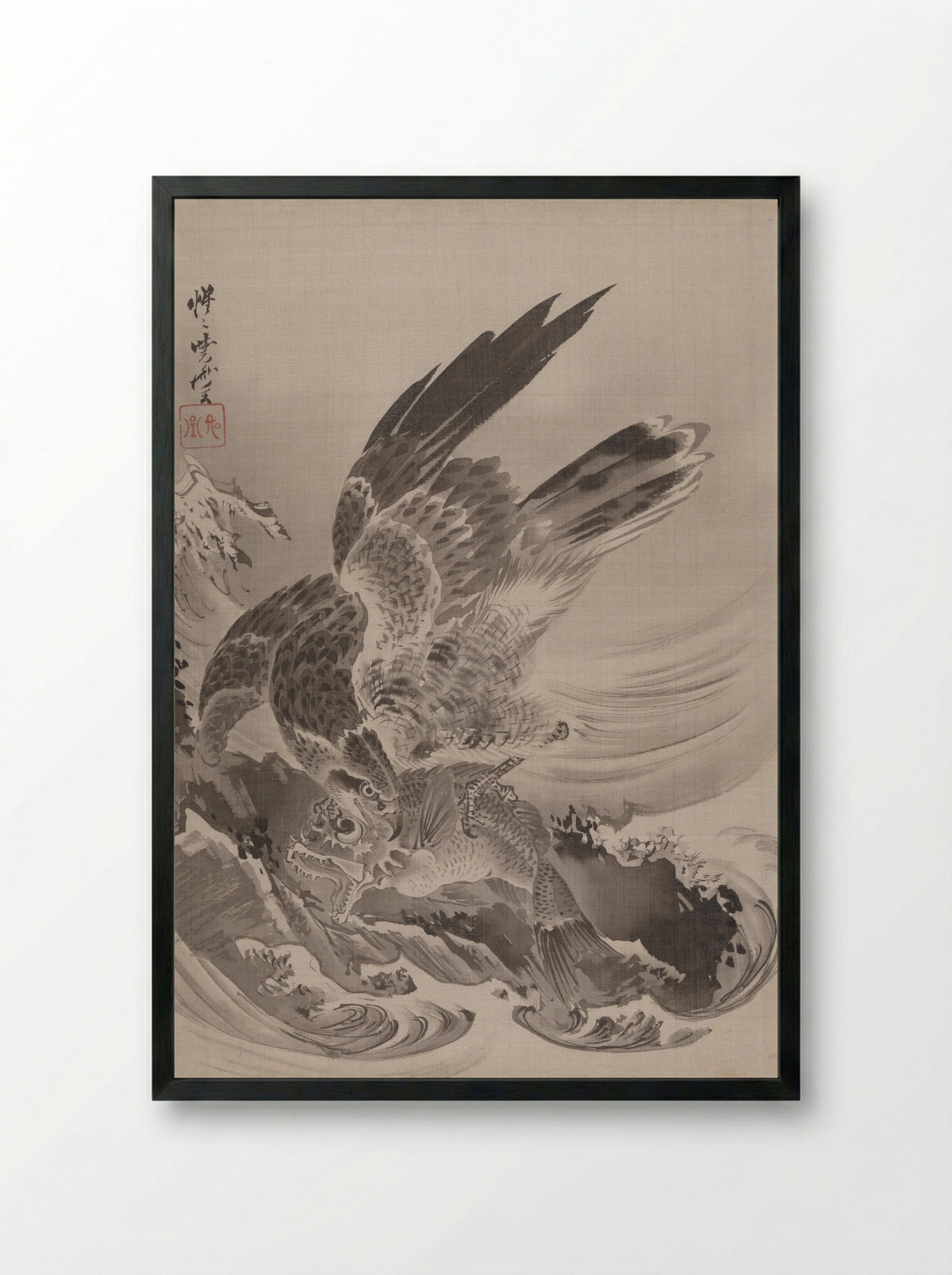 Eagle Attacking Fish - Kawanabe Kyōsai - Framed Print Black