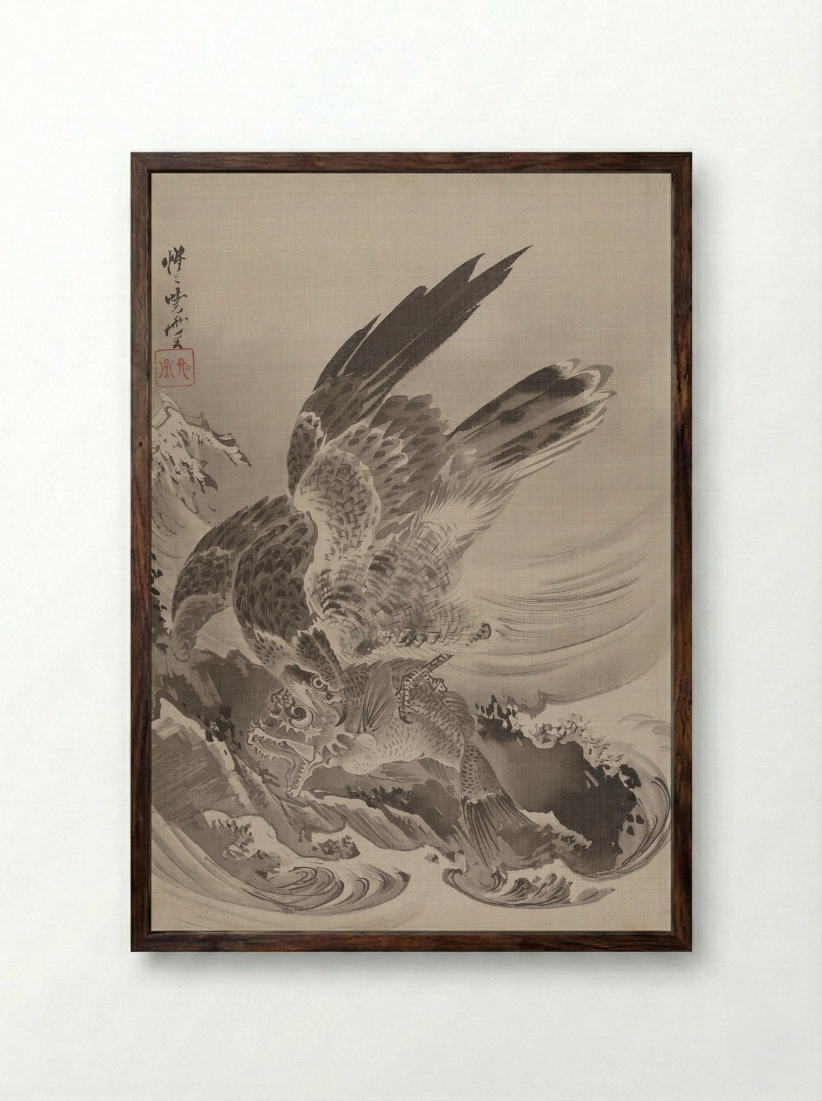 Eagle Attacking Fish - Kawanabe Kyōsai - Framed Print Dark Wood