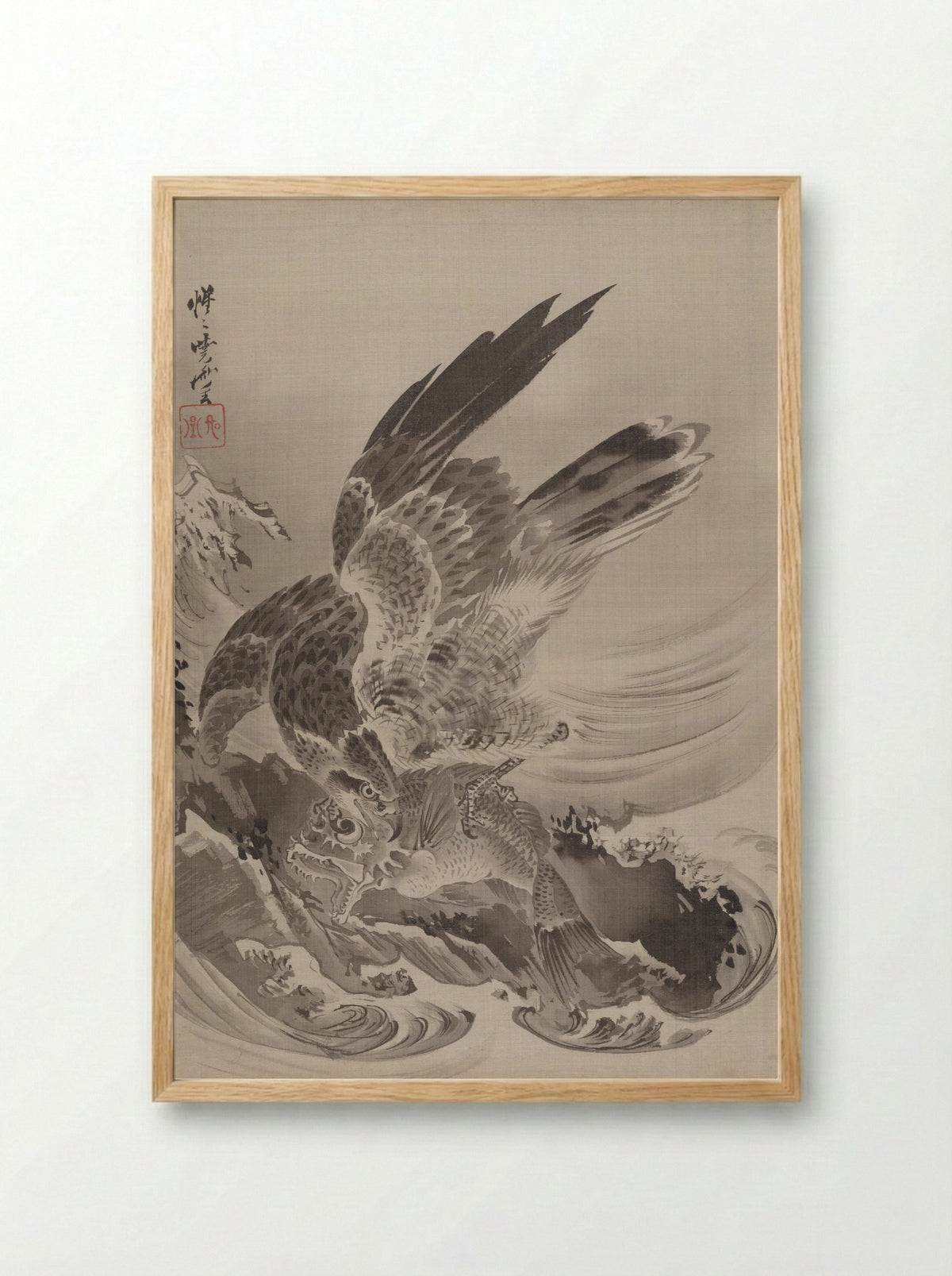 Eagle Attacking Fish - Kawanabe Kyōsai - Framed Print Wood