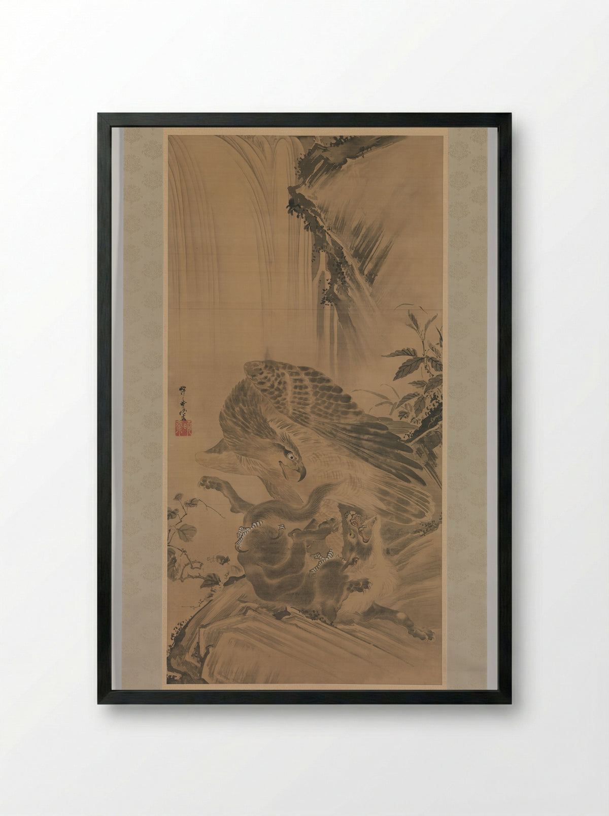 Eagle Attacking a Mountain Lion - Kawanabe Kyōsai - Framed Print Black