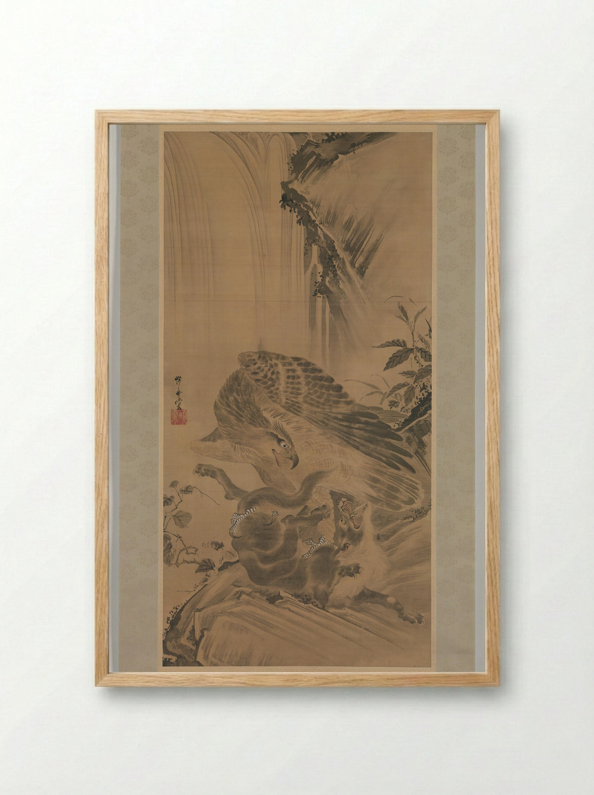 Eagle Attacking a Mountain Lion - Kawanabe Kyōsai - Framed Print Wood