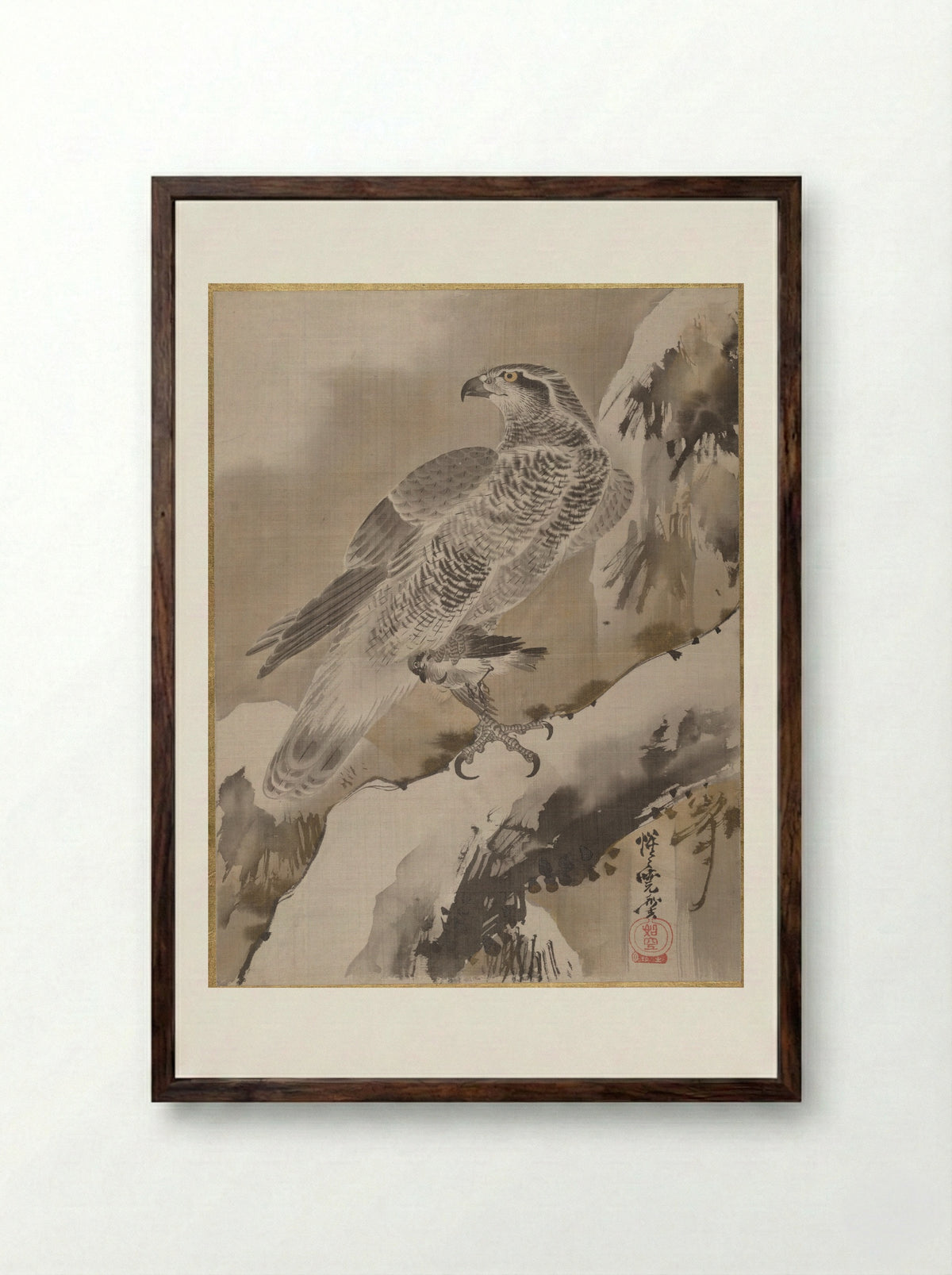 Eagle Holding Small Bird - Kawanabe Kyōsai - Framed Print Dark Wood