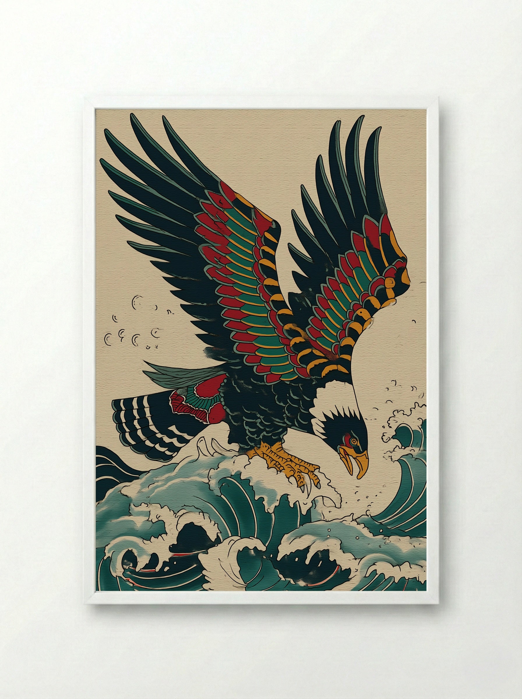 Eagle Over Waves - Japanese Inspired Art Print - Framed Print White