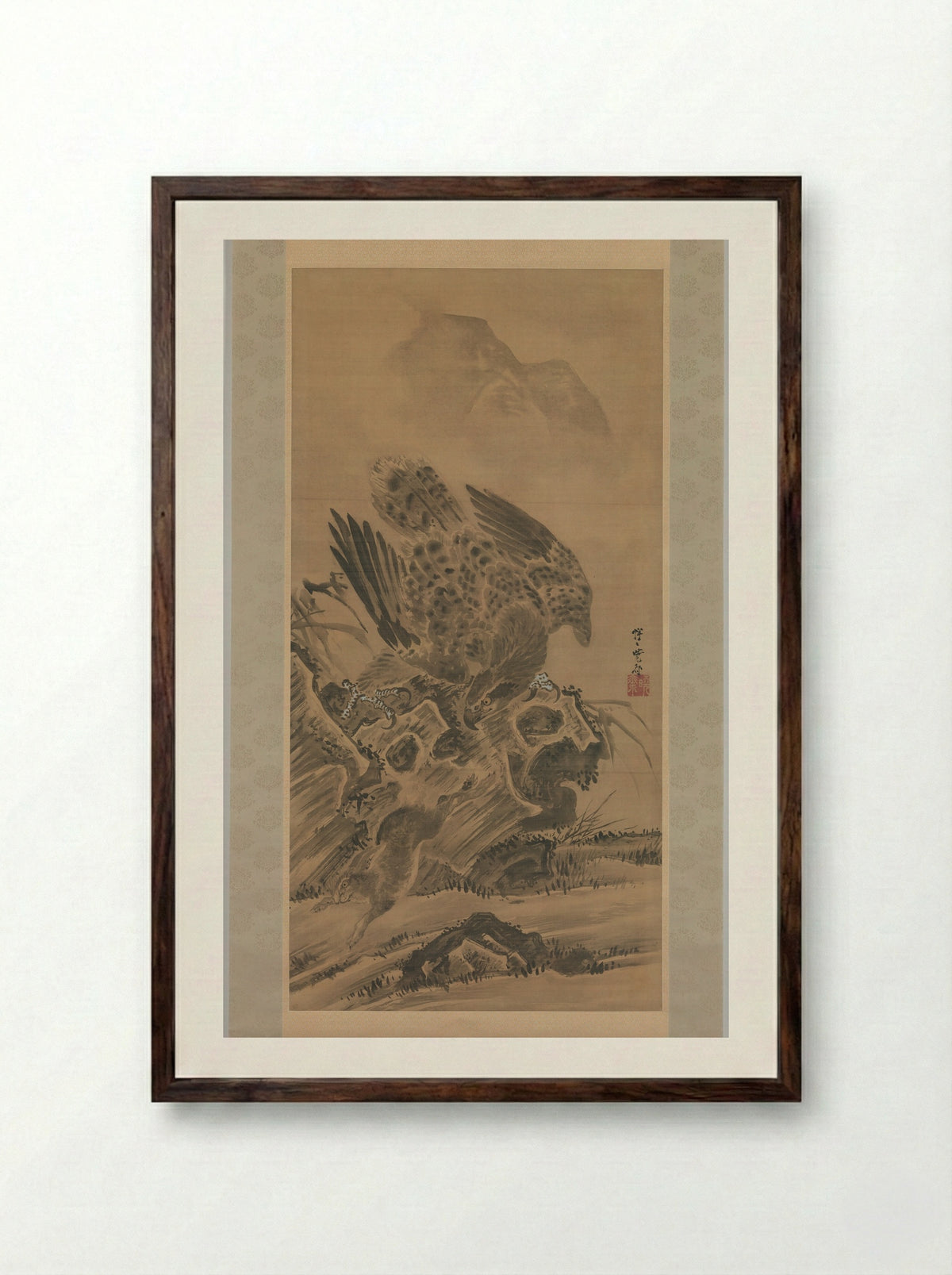 Eagle Pursuing Rabbit - Kawanabe Kyōsai - Framed Print Dark Wood