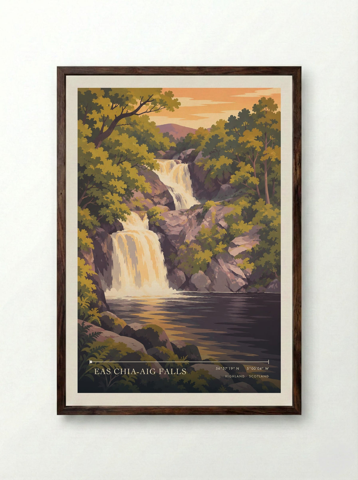 Eas Chia-aig Falls, Highland | Travel Poster - Framed Print Dark Wood