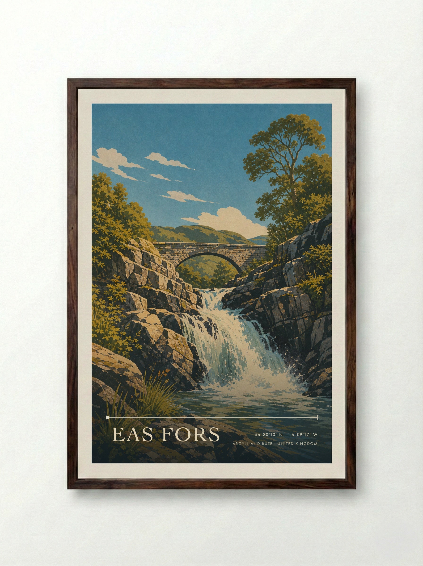 Eas Fors Argyll and Bute United Kingdom Travel Poster - Framed Print Dark Wood