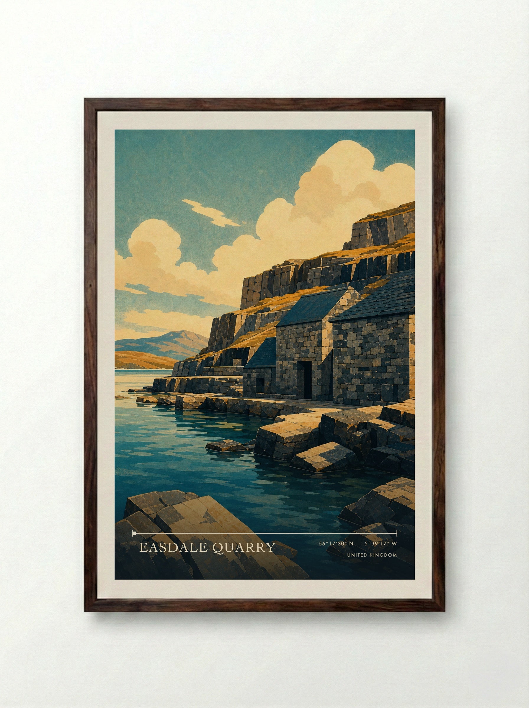 Easdale Quarry United Kingdom Travel Poster - Framed Print Dark Wood