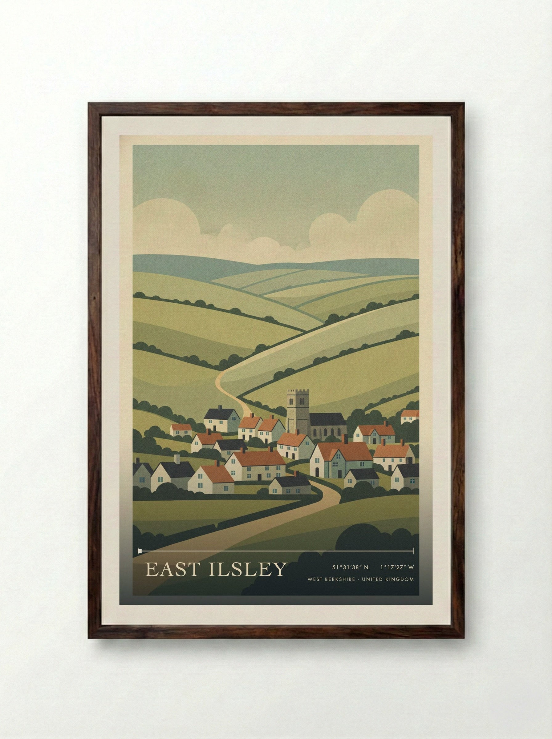 East Ilsley West Berkshire United Kingdom Travel Poster - Framed Print Dark Wood
