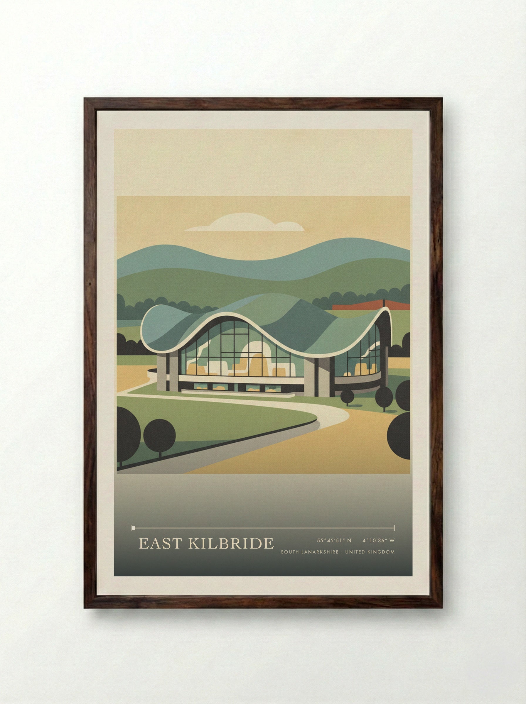 East Kilbride South Lanarkshire United Kingdom Travel Poster - Framed Print Dark Wood