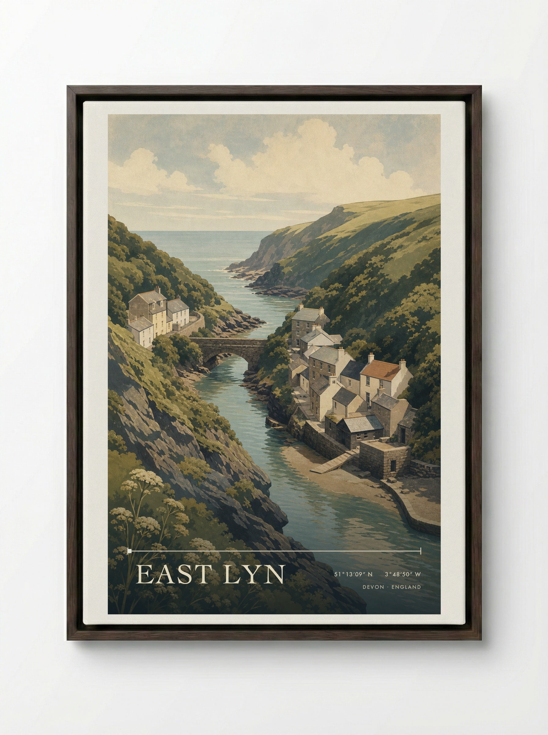 East Lyn Devon England Travel Poster - Framed Canvas Dark Wood