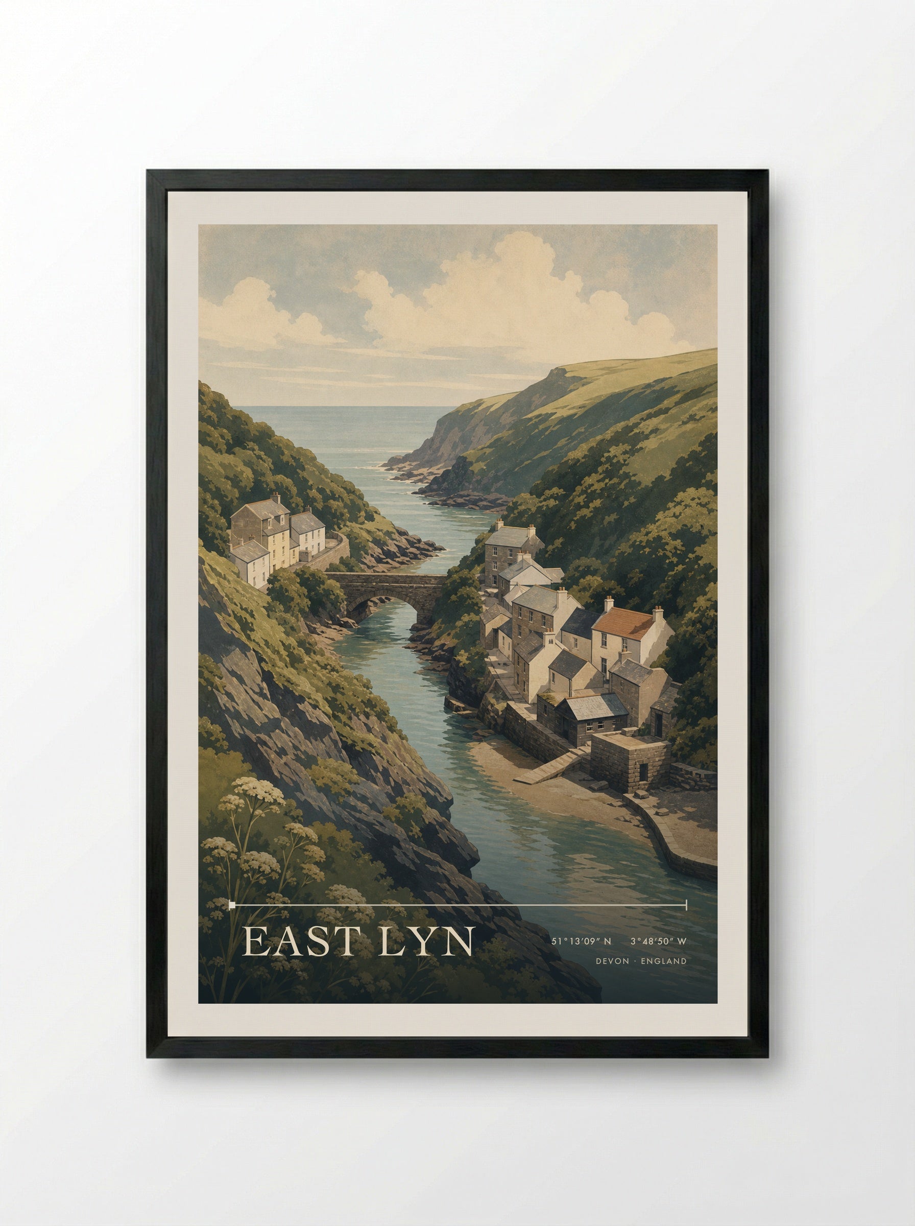 East Lyn Devon England Travel Poster - Framed Print Black