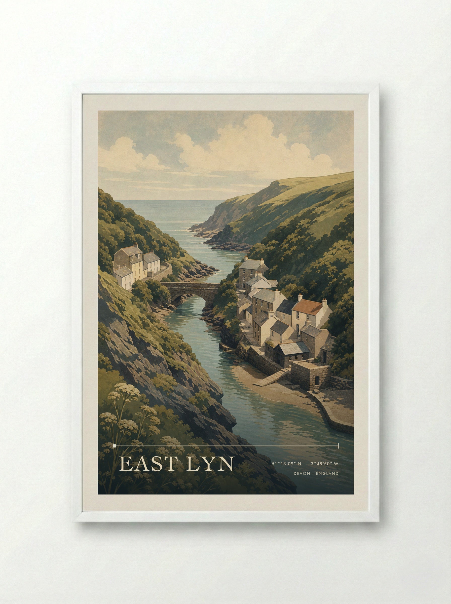 East Lyn Devon England Travel Poster - Framed Print White
