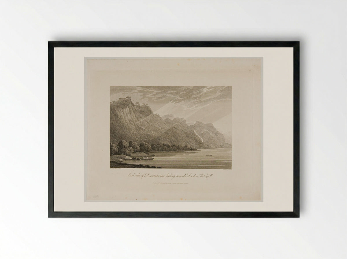 East side of Derwentwater looking towards Lowdore Waterfall - F.R. Hay - Framed Print Black