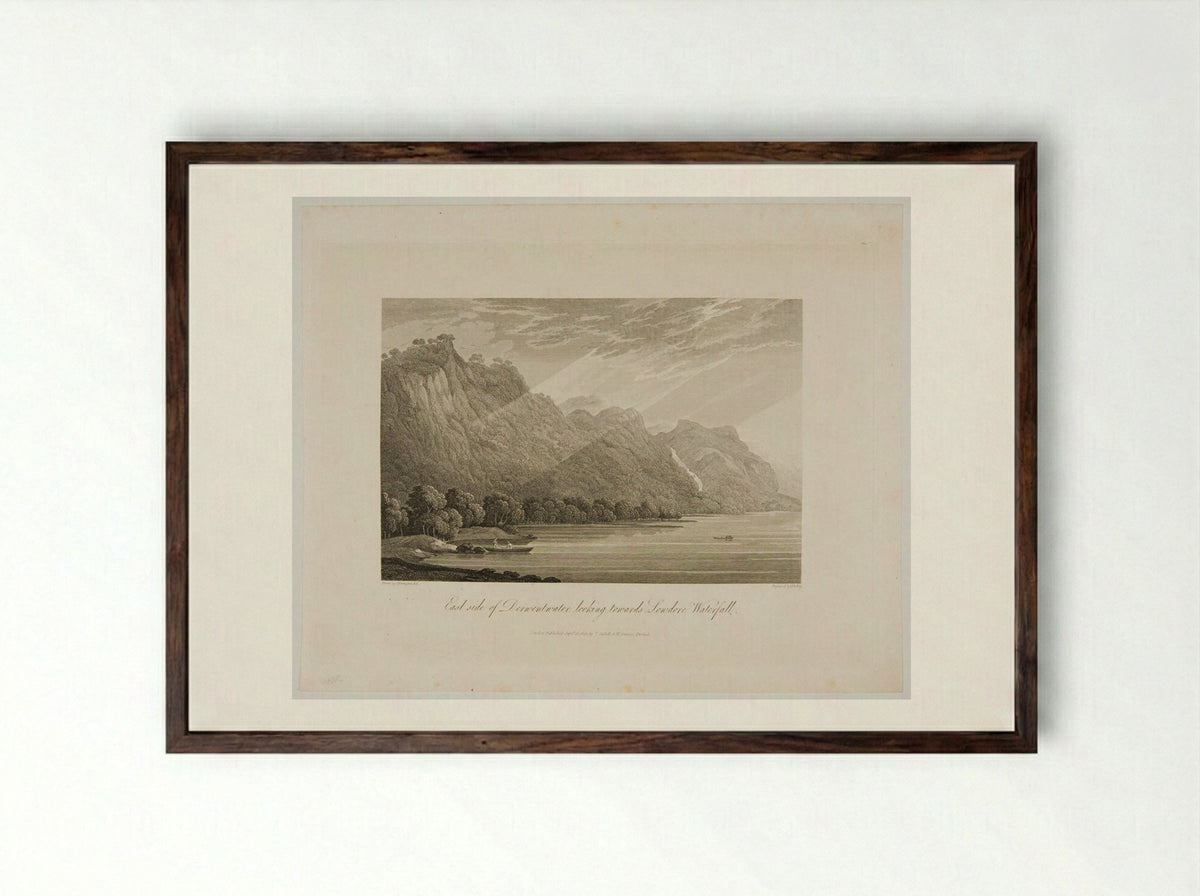 East side of Derwentwater looking towards Lowdore Waterfall - F.R. Hay - Framed Print Dark Wood