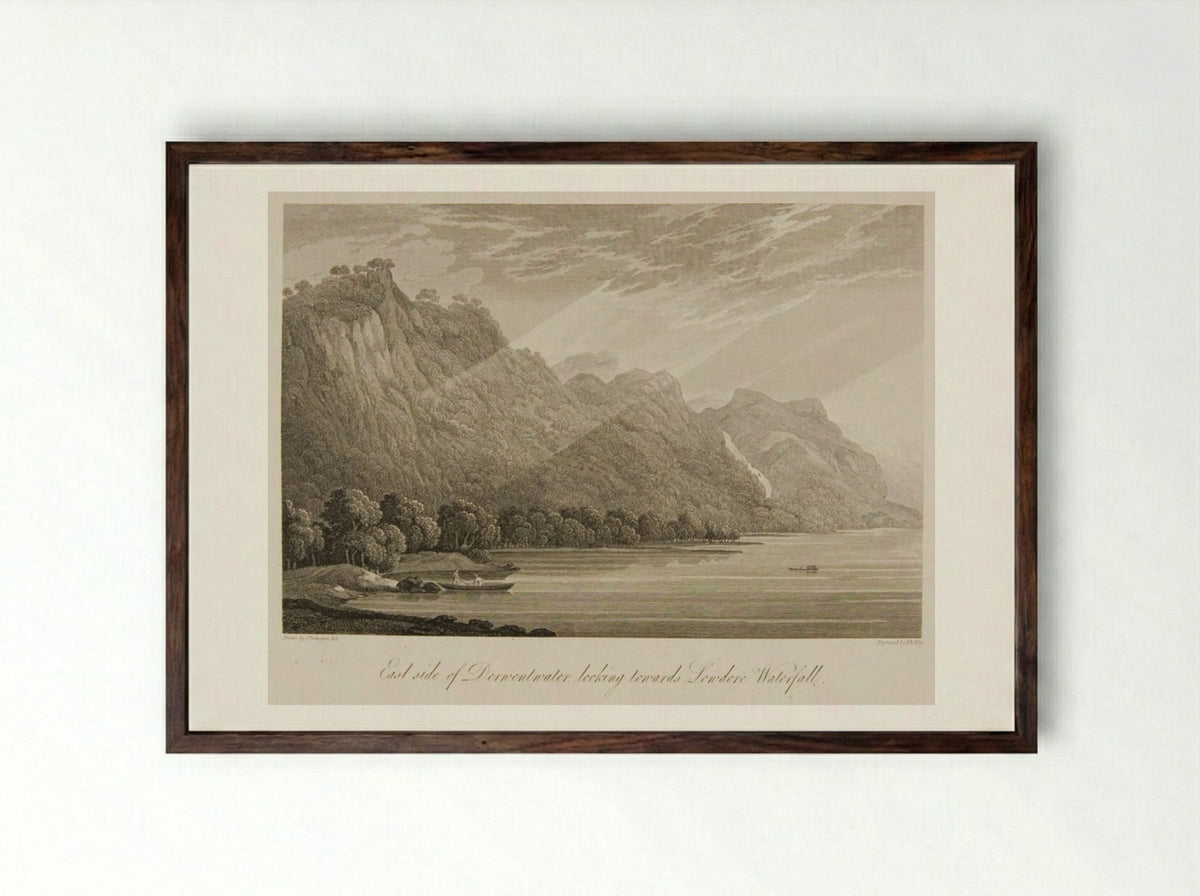 East side of Derwentwater looking towards Lowdore Waterfall - F.R. Hay - Framed Print Dark Wood