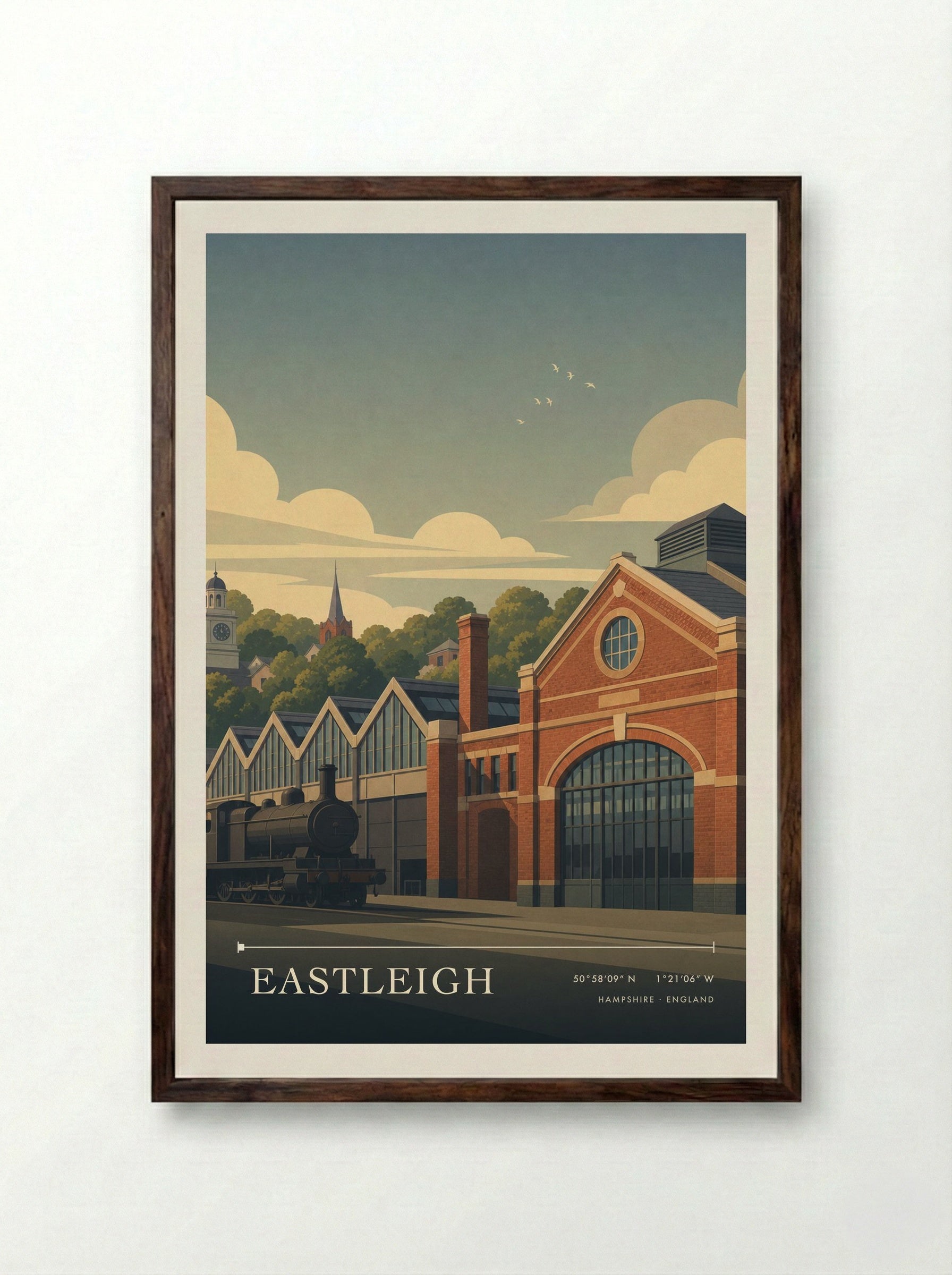 Eastleigh Hampshire England Travel Poster - Framed Print Dark Wood