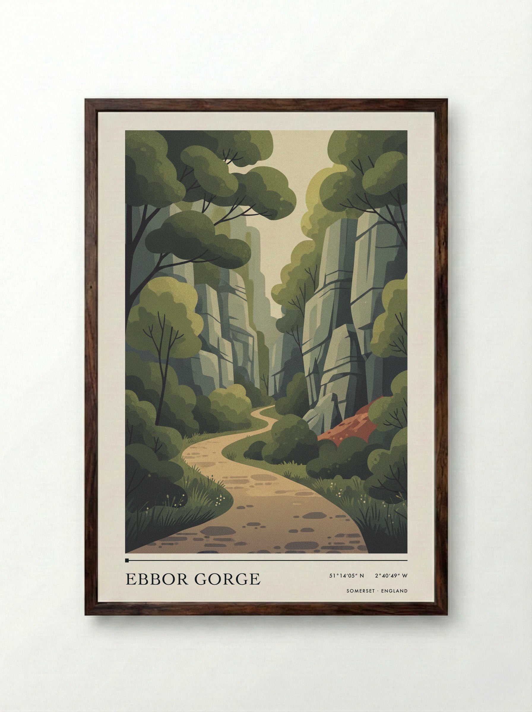 Ebbor Gorge Somerset England Travel Poster - Framed Print Dark Wood