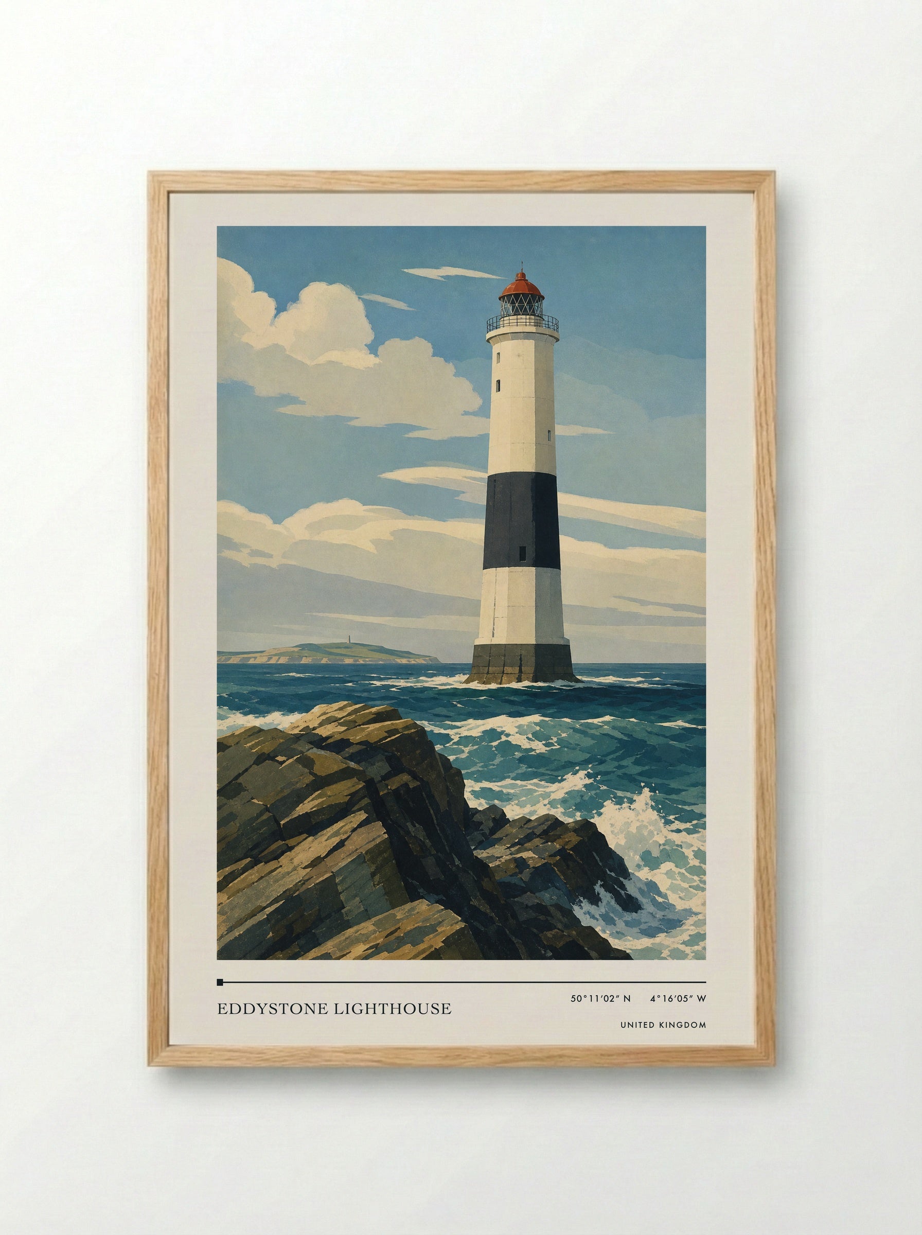 Eddystone Lighthouse United Kingdom Travel Poster - Framed Print Wood