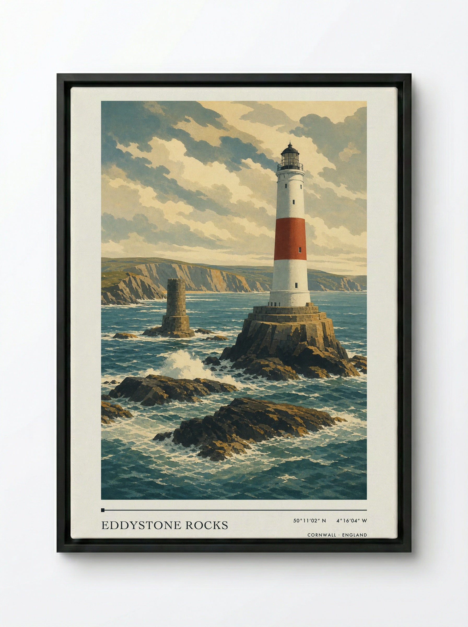 Eddystone Rocks Cornwall England Travel Poster - Framed Canvas Black