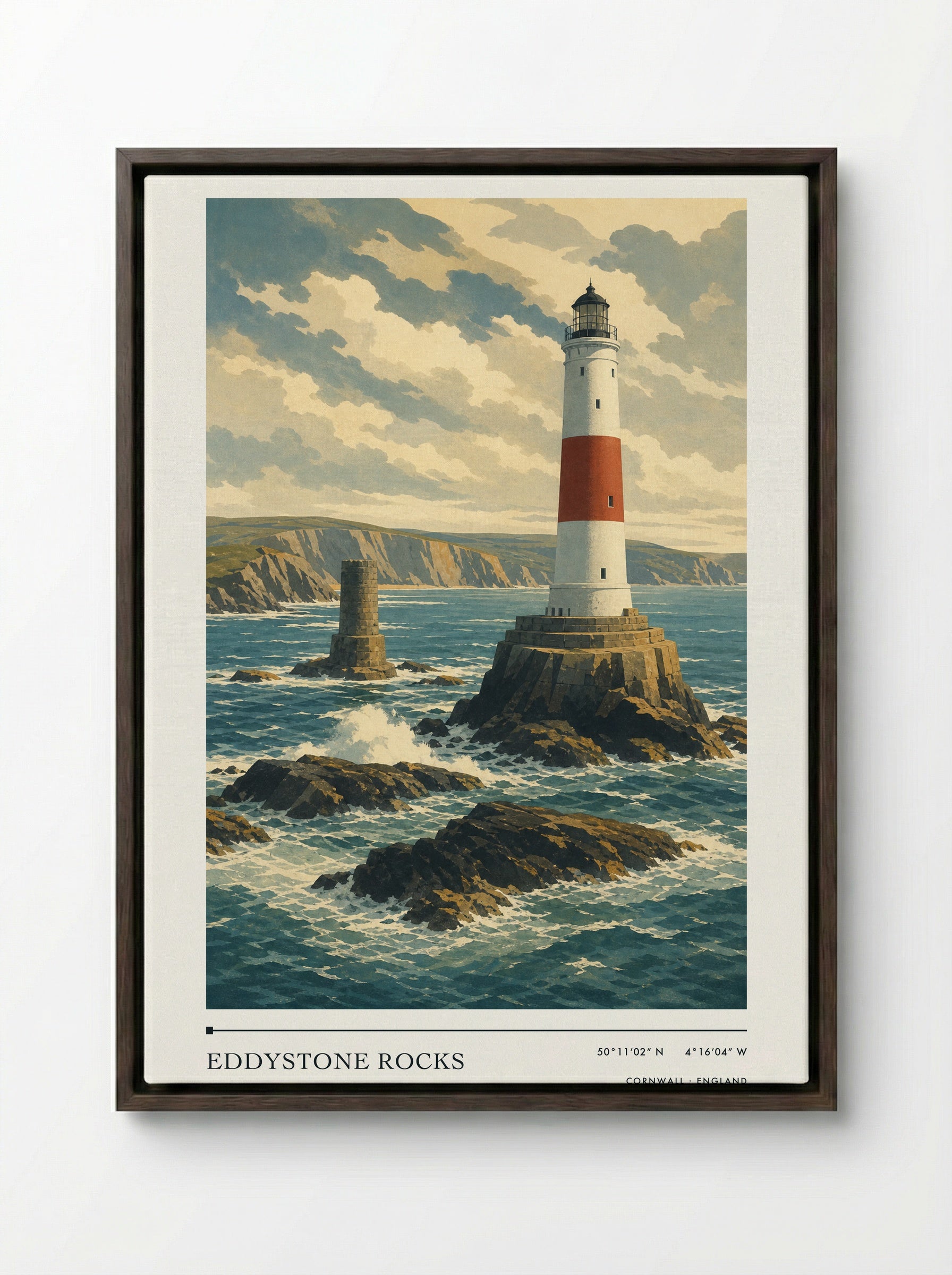 Eddystone Rocks Cornwall England Travel Poster - Framed Canvas Dark Wood